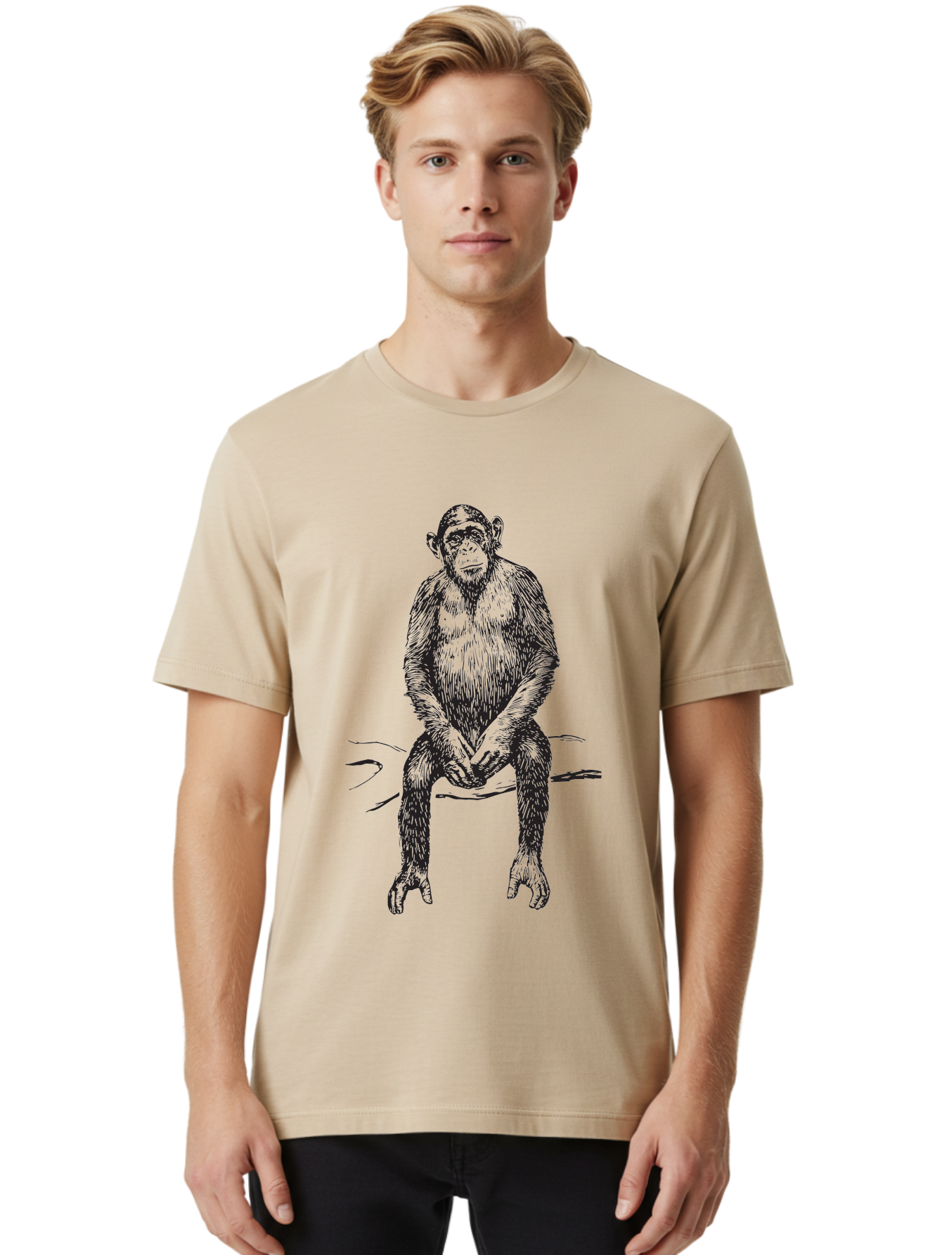 Sitting-Monkey Men'S Graphic Tee, 100% Cotton, Comfortable Casual Summer Wear, Machine Washable, Chimpanzee Sitting, Primate Illustration, Monkey Artwork, Wildlife Graphic, Animal Design, Thoughtful Pose, Hand-Drawn Style, Forest Creature Aad948