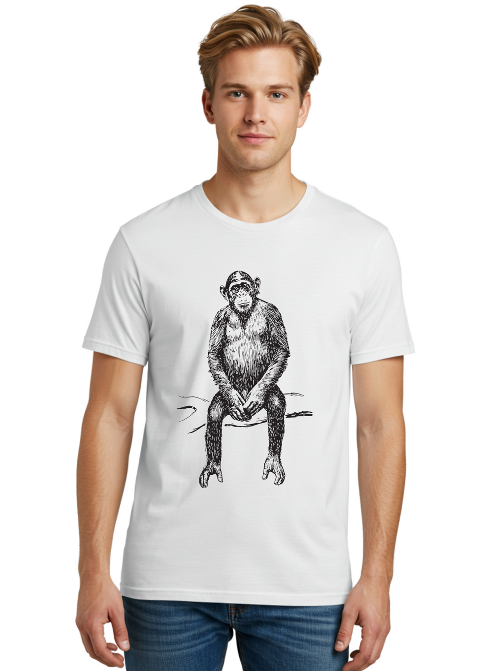 Sitting-Monkey Men'S Graphic Tee, 100% Cotton, Comfortable Casual Summer Wear, Machine Washable, Chimpanzee Sitting, Primate Illustration, Monkey Artwork, Wildlife Graphic, Animal Design, Thoughtful Pose, Hand-Drawn Style, Forest Creature Aad948