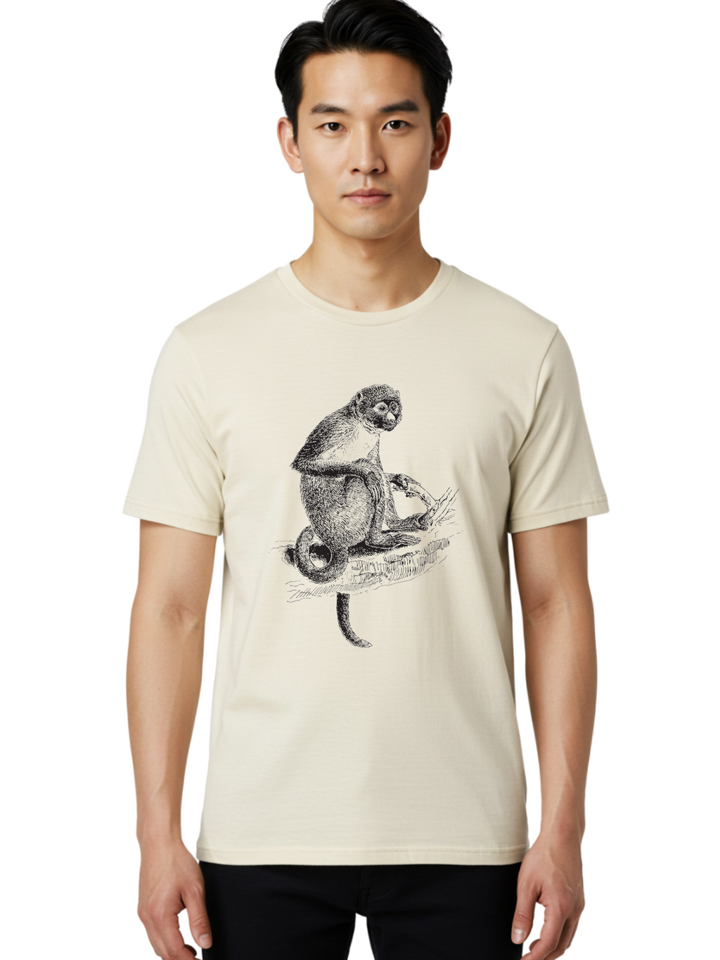 Sketch-Of-Monkey Men'S Graphic Tee, 100% Cotton, Comfortable Casual Summer Wear, Machine Washable, Monkey Sitting On Tree Branch, Primate Portrait, Wildlife Illustration, Detailed Sketch, Animal Art, Nature Drawing, Wildlife Graphic Aad949