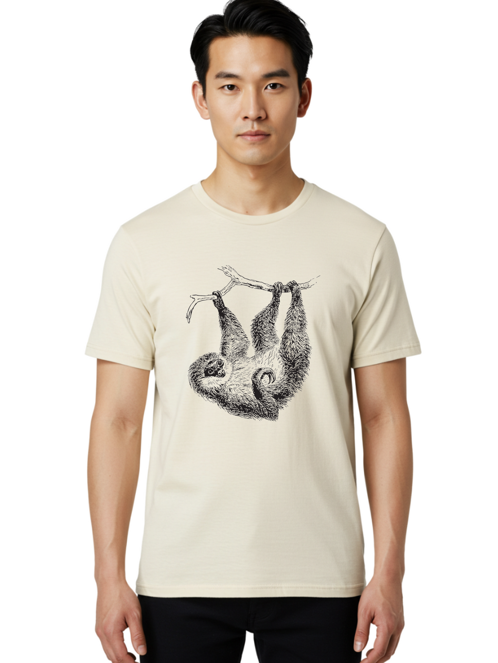 Sloth-Hanging-From-Branch Men'S Graphic Tee, 100% Cotton, Comfortable Casual Summer Wear, Machine Washable, Sloth Hanging Upside Down, Wildlife Illustration, Tropical Animal, Relaxed Pose, Tree Branch, Monochrome Art, Furry Texture, Aad950