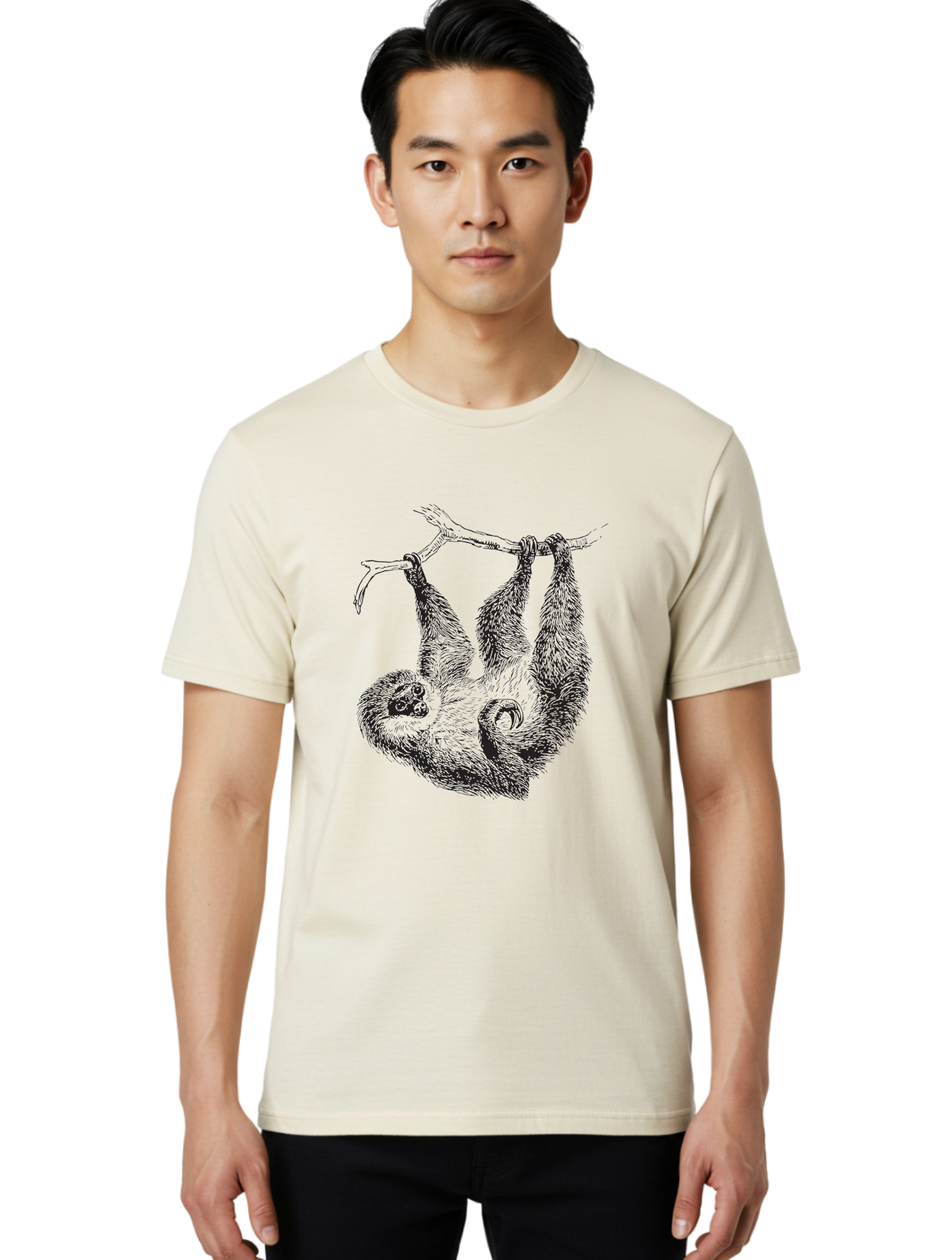Sloth-Hanging-From-Branch Men'S Graphic Tee, 100% Cotton, Comfortable Casual Summer Wear, Machine Washable, Sloth Hanging Upside Down, Wildlife Illustration, Tropical Animal, Relaxed Pose, Tree Branch, Monochrome Art, Furry Texture, Aad950