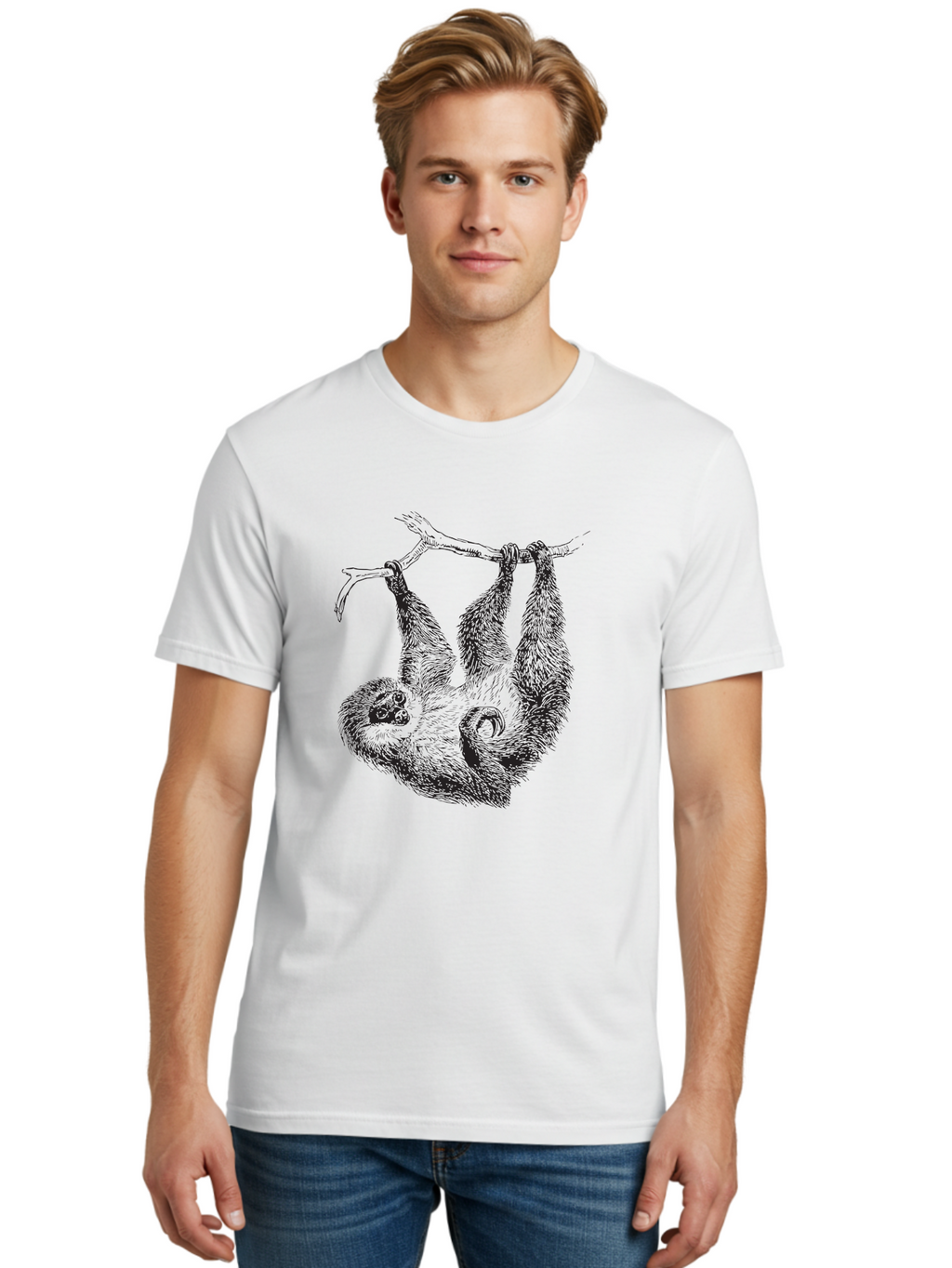 Sloth-Hanging-From-Branch Men'S Graphic Tee, 100% Cotton, Comfortable Casual Summer Wear, Machine Washable, Sloth Hanging Upside Down, Wildlife Illustration, Tropical Animal, Relaxed Pose, Tree Branch, Monochrome Art, Furry Texture, Aad950
