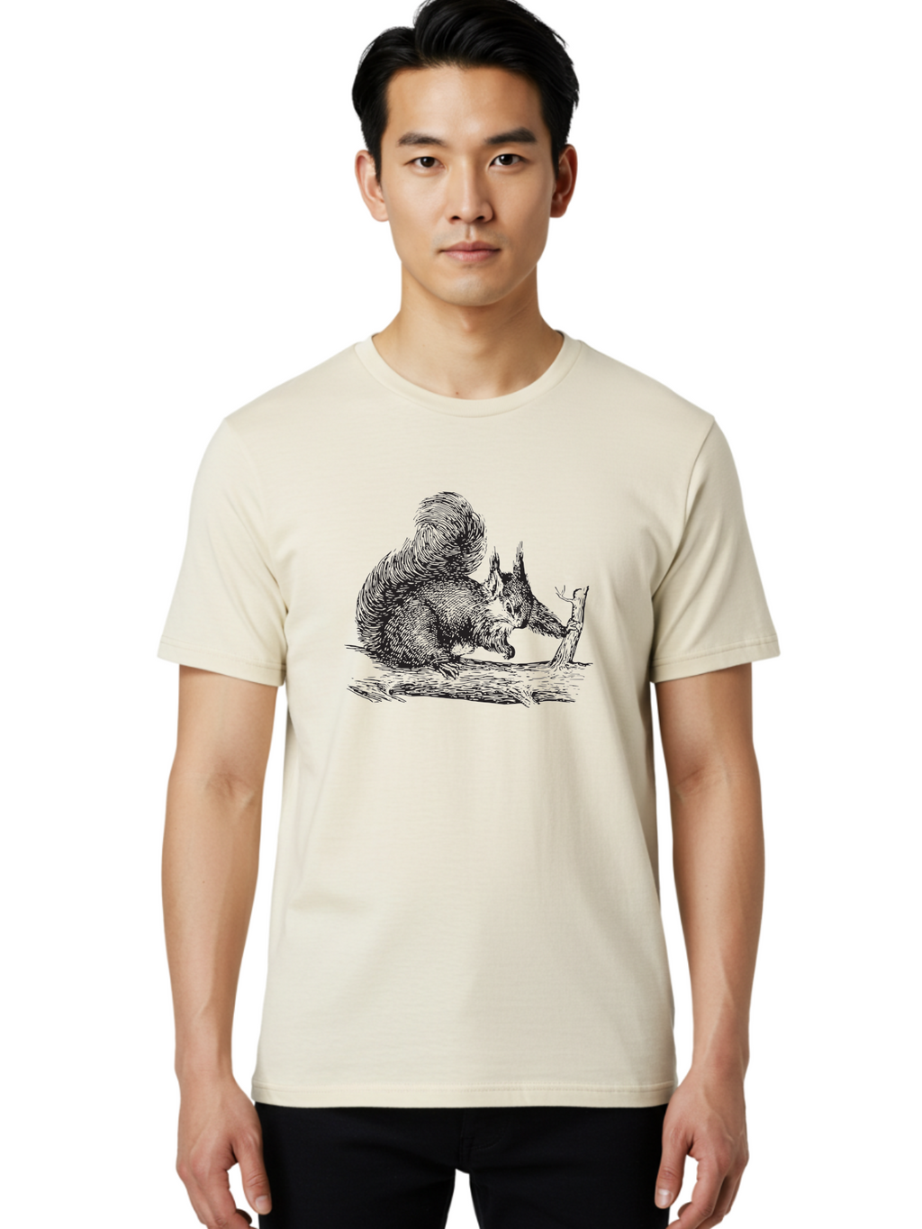 Squirrel-On-Branch-1 Men'S Graphic Tee, 100% Cotton, Comfortable Casual Summer Wear, Machine Washable, Squirrel On Branch, Wildlife Illustration, Furry Animal, Forest Creature, Nut Gathering, Woodland Scene, Detailed Drawing, Aad955