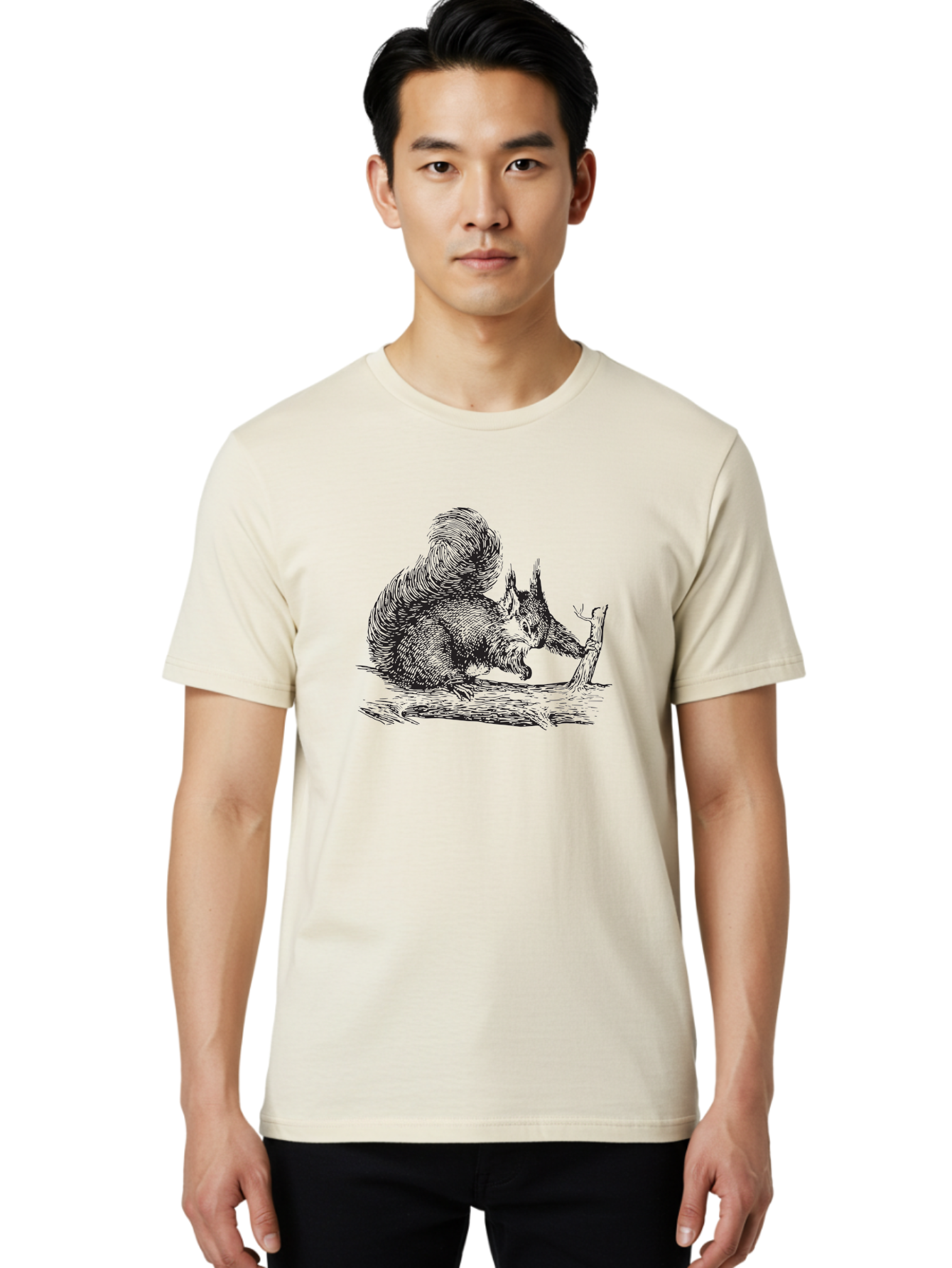 Squirrel-On-Branch-1 Men'S Graphic Tee, 100% Cotton, Comfortable Casual Summer Wear, Machine Washable, Squirrel On Branch, Wildlife Illustration, Furry Animal, Forest Creature, Nut Gathering, Woodland Scene, Detailed Drawing, Aad955