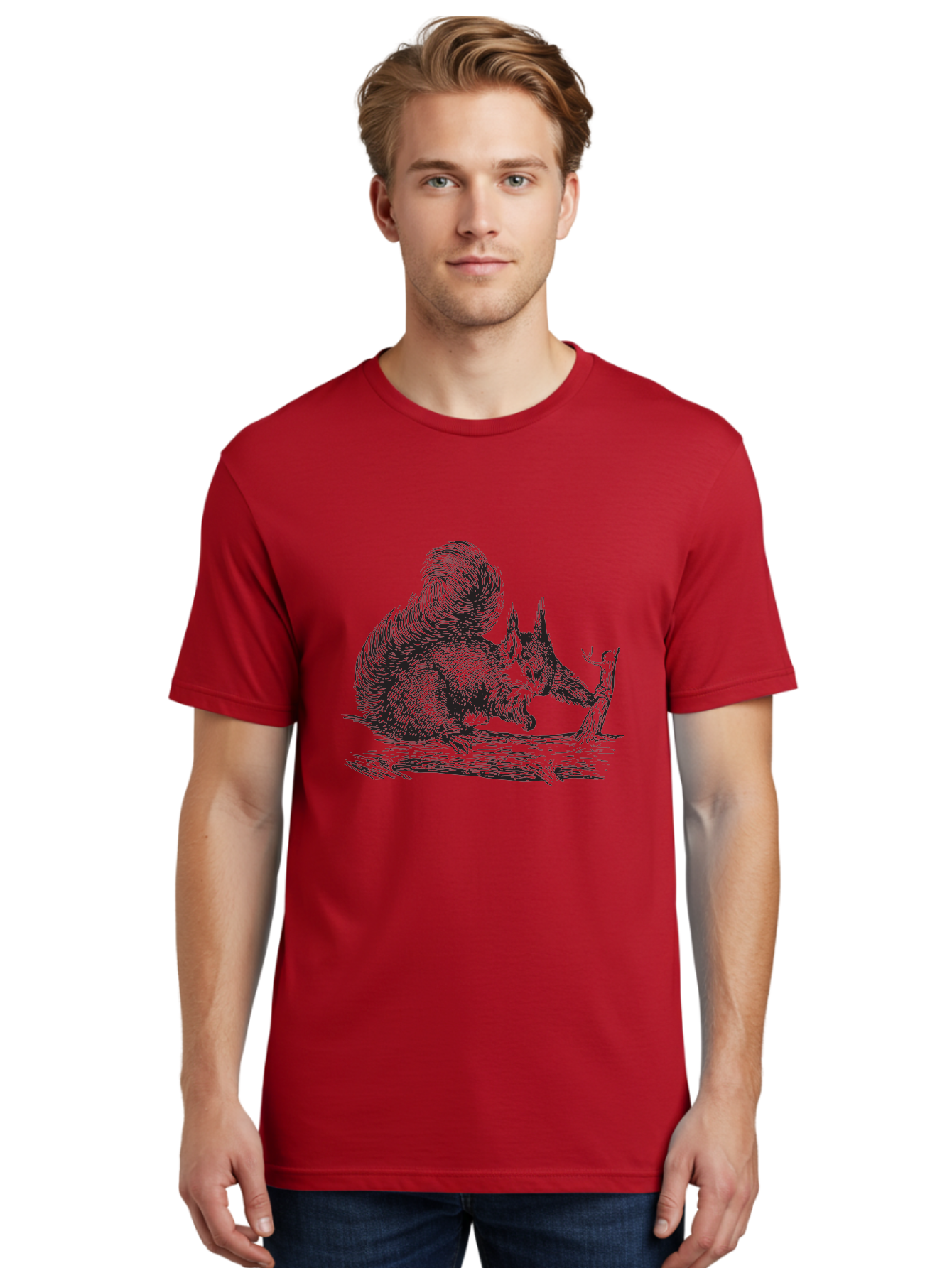 Squirrel-On-Branch-1 Men'S Graphic Tee, 100% Cotton, Comfortable Casual Summer Wear, Machine Washable, Squirrel On Branch, Wildlife Illustration, Furry Animal, Forest Creature, Nut Gathering, Woodland Scene, Detailed Drawing, Aad955