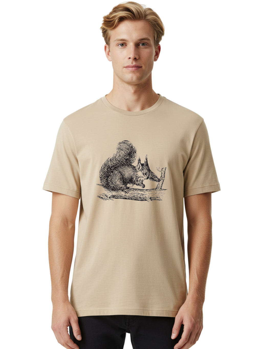 Squirrel-On-Branch-1 Men'S Graphic Tee, 100% Cotton, Comfortable Casual Summer Wear, Machine Washable, Squirrel On Branch, Wildlife Illustration, Furry Animal, Forest Creature, Nut Gathering, Woodland Scene, Detailed Drawing, Aad955