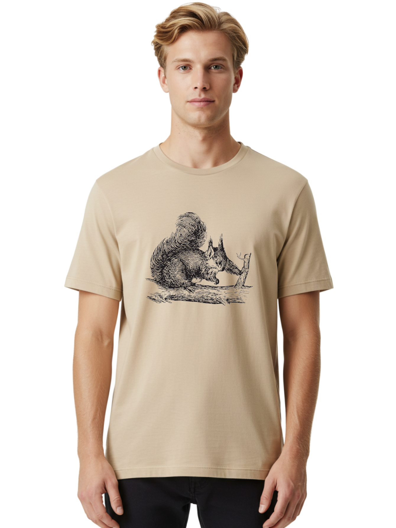 Squirrel-On-Branch-1 Men'S Graphic Tee, 100% Cotton, Comfortable Casual Summer Wear, Machine Washable, Squirrel On Branch, Wildlife Illustration, Furry Animal, Forest Creature, Nut Gathering, Woodland Scene, Detailed Drawing, Aad955
