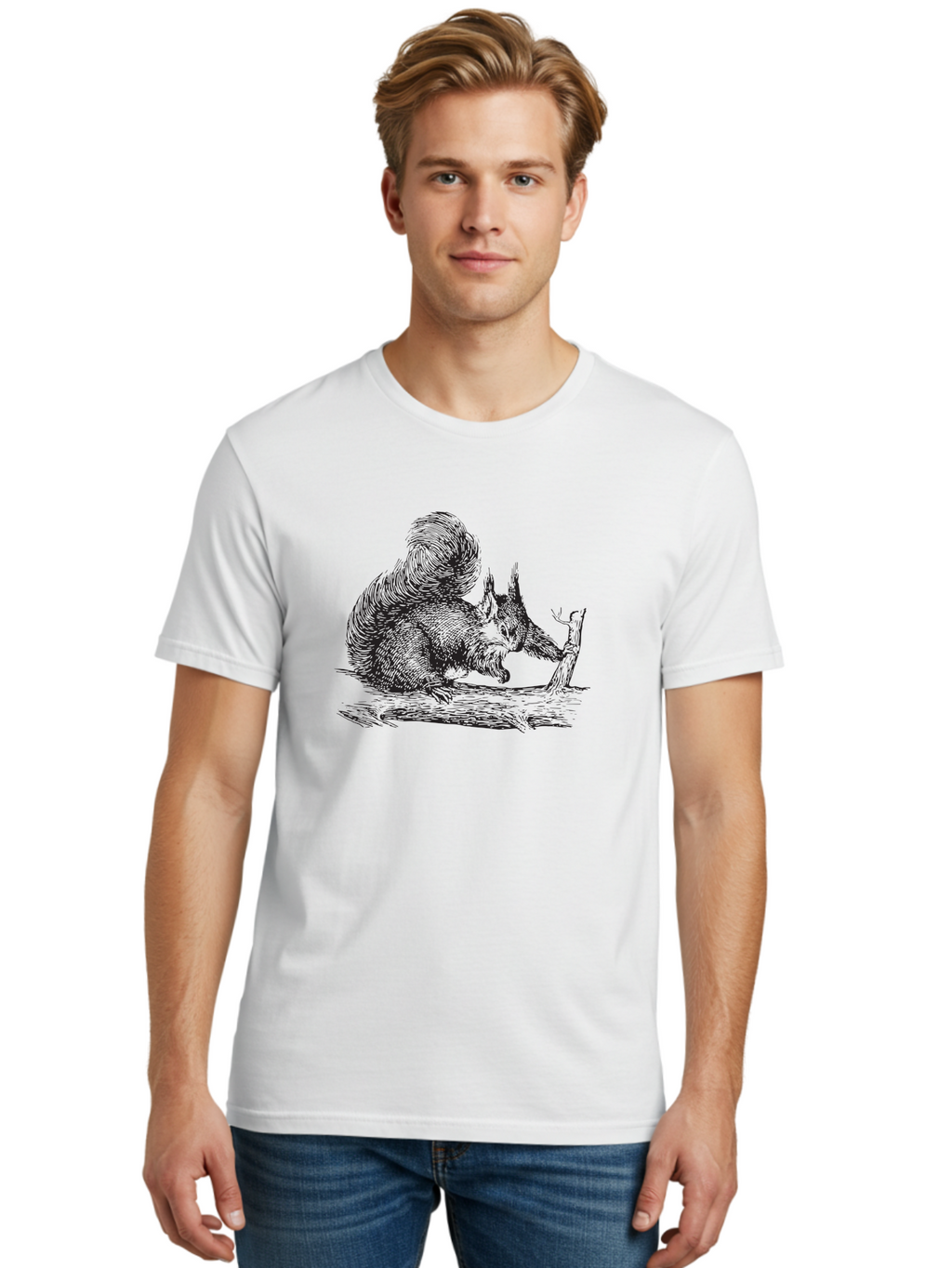 Squirrel-On-Branch-1 Men'S Graphic Tee, 100% Cotton, Comfortable Casual Summer Wear, Machine Washable, Squirrel On Branch, Wildlife Illustration, Furry Animal, Forest Creature, Nut Gathering, Woodland Scene, Detailed Drawing, Aad955