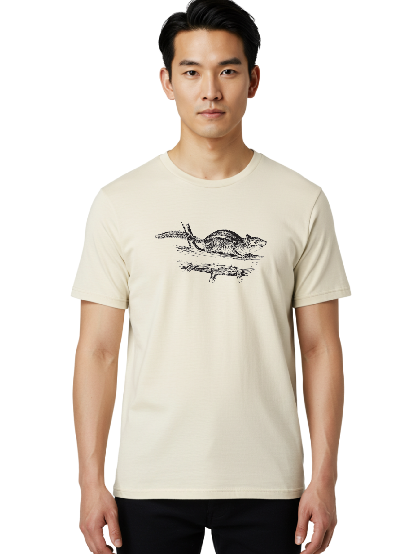 Squirrel-On-Branch Men'S Graphic Tee, 100% Cotton, Comfortable Casual Summer Wear, Machine Washable, Chipmunk On Log, Forest Creature, Wildlife Illustration, Rodent Art, Outdoor Scene, Black And White Drawing, Nature Graphic, Woodland Animal Aad956