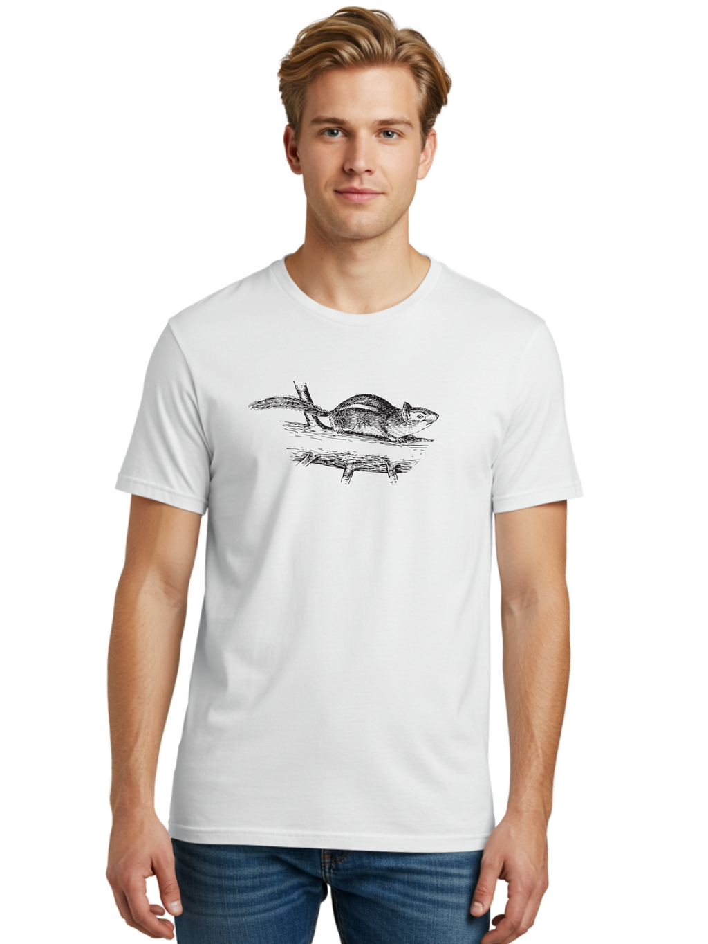 Squirrel-On-Branch Men'S Graphic Tee, 100% Cotton, Comfortable Casual Summer Wear, Machine Washable, Chipmunk On Log, Forest Creature, Wildlife Illustration, Rodent Art, Outdoor Scene, Black And White Drawing, Nature Graphic, Woodland Animal Aad956