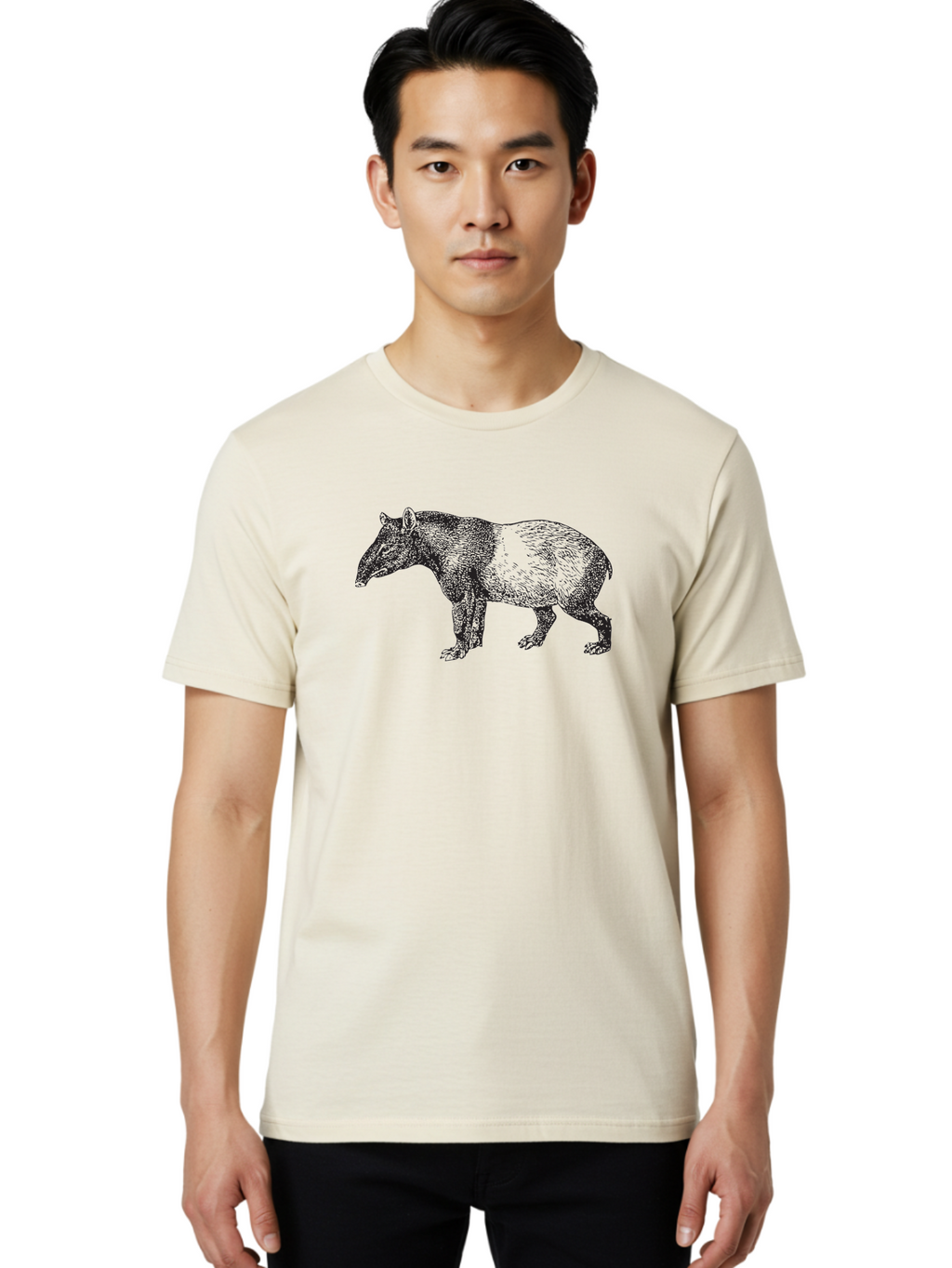 Tapir Men'S Graphic Tee, 100% Cotton, Comfortable Casual Summer Wear, Machine Washable, Tapir Illustration, Wildlife Art, Animal Drawing, Exotic Creature, Wild Animal, Nature Illustration, Detailed Sketch, Black And Green Graphic Aad959