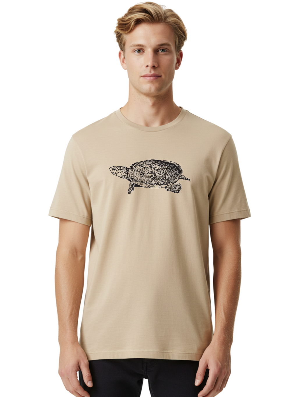 Turtle Men'S Graphic Tee, 100% Cotton, Comfortable Casual Summer Wear, Machine Washable, Turtle, Sea Turtle, Wildlife, Black Illustration, Reptile, Animal Art, Shell Patterns, Intricate Design Aad964