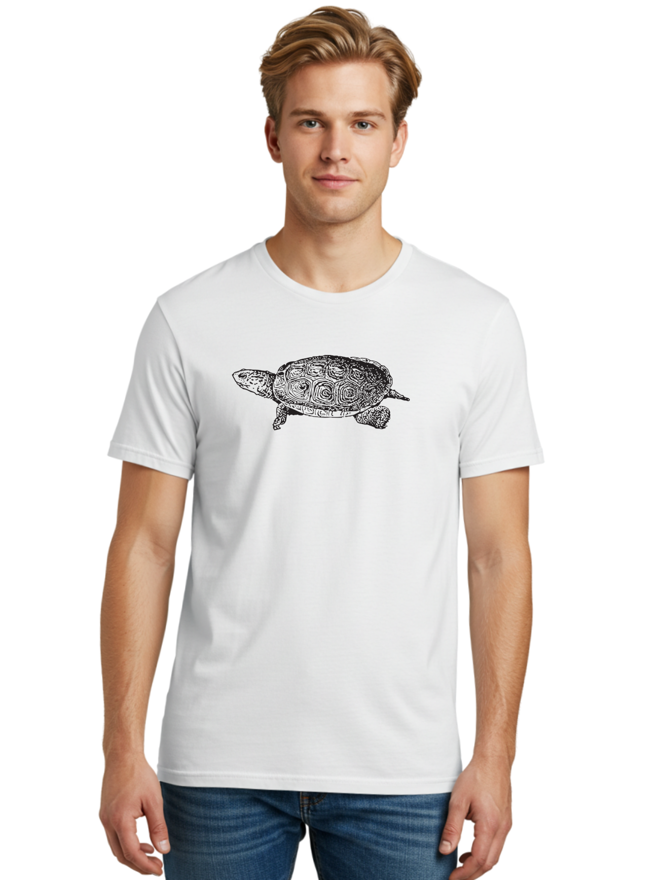 Turtle Men'S Graphic Tee, 100% Cotton, Comfortable Casual Summer Wear, Machine Washable, Turtle, Sea Turtle, Wildlife, Black Illustration, Reptile, Animal Art, Shell Patterns, Intricate Design Aad964