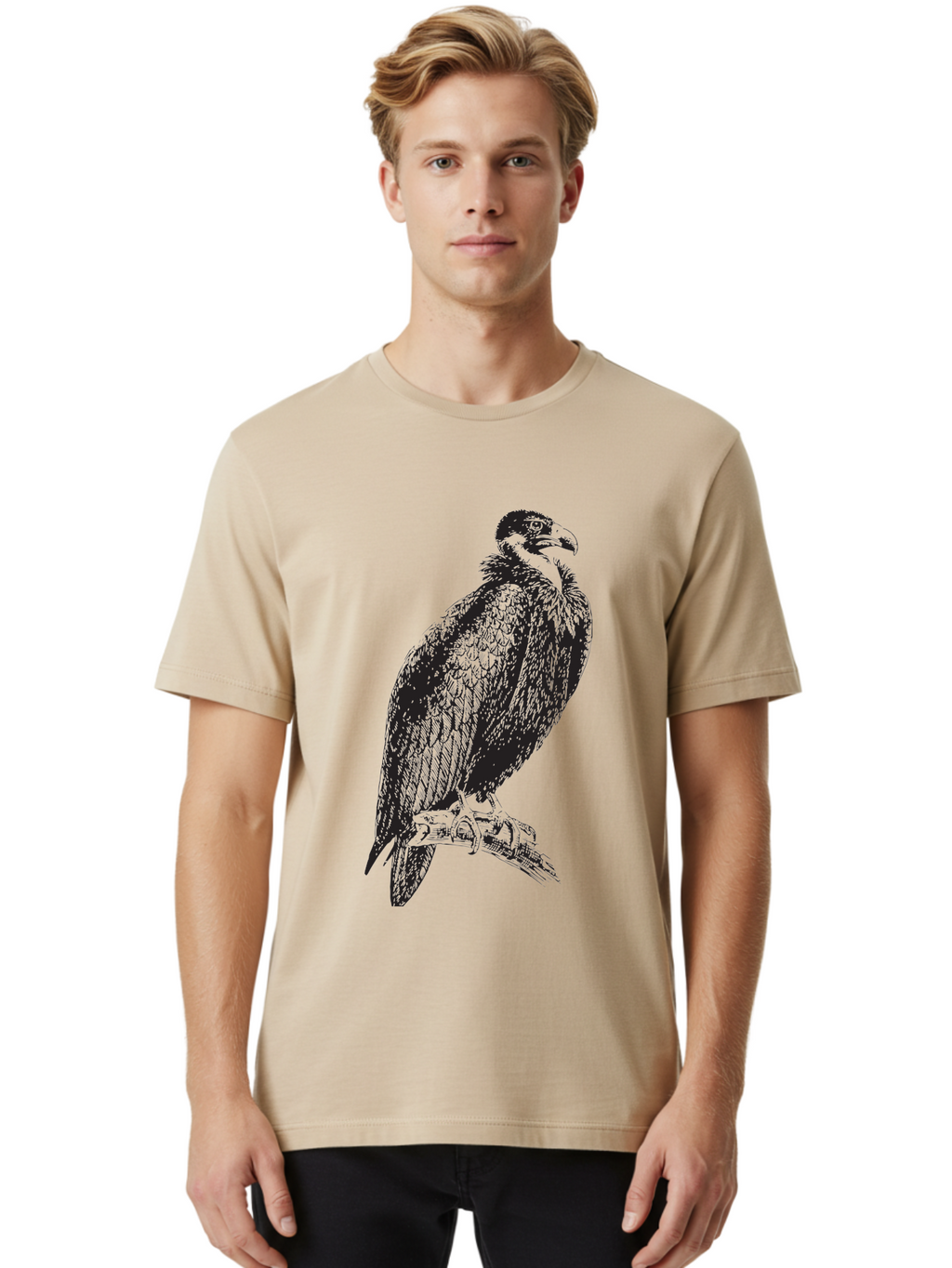 Vulture Men'S Graphic Tee, 100% Cotton, Comfortable Casual Summer Wear, Machine Washable, Vulture Perched On Branch, Bird Of Prey, Wildlife Illustration, Raptor, Sharp Talons, Feathers, Graphic Art, Wild Animal, Nature Sketch Aad965