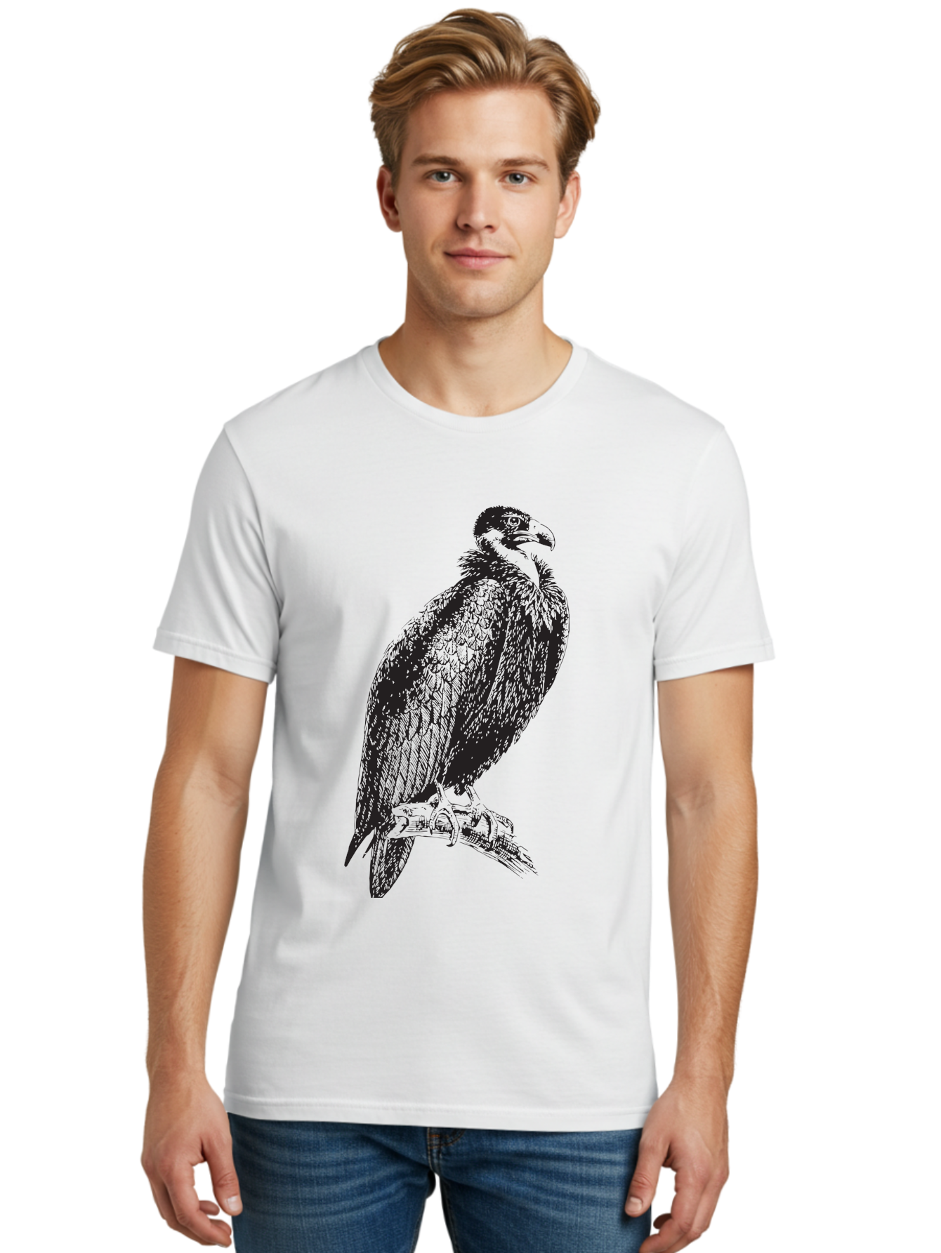 Vulture Men'S Graphic Tee, 100% Cotton, Comfortable Casual Summer Wear, Machine Washable, Vulture Perched On Branch, Bird Of Prey, Wildlife Illustration, Raptor, Sharp Talons, Feathers, Graphic Art, Wild Animal, Nature Sketch Aad965