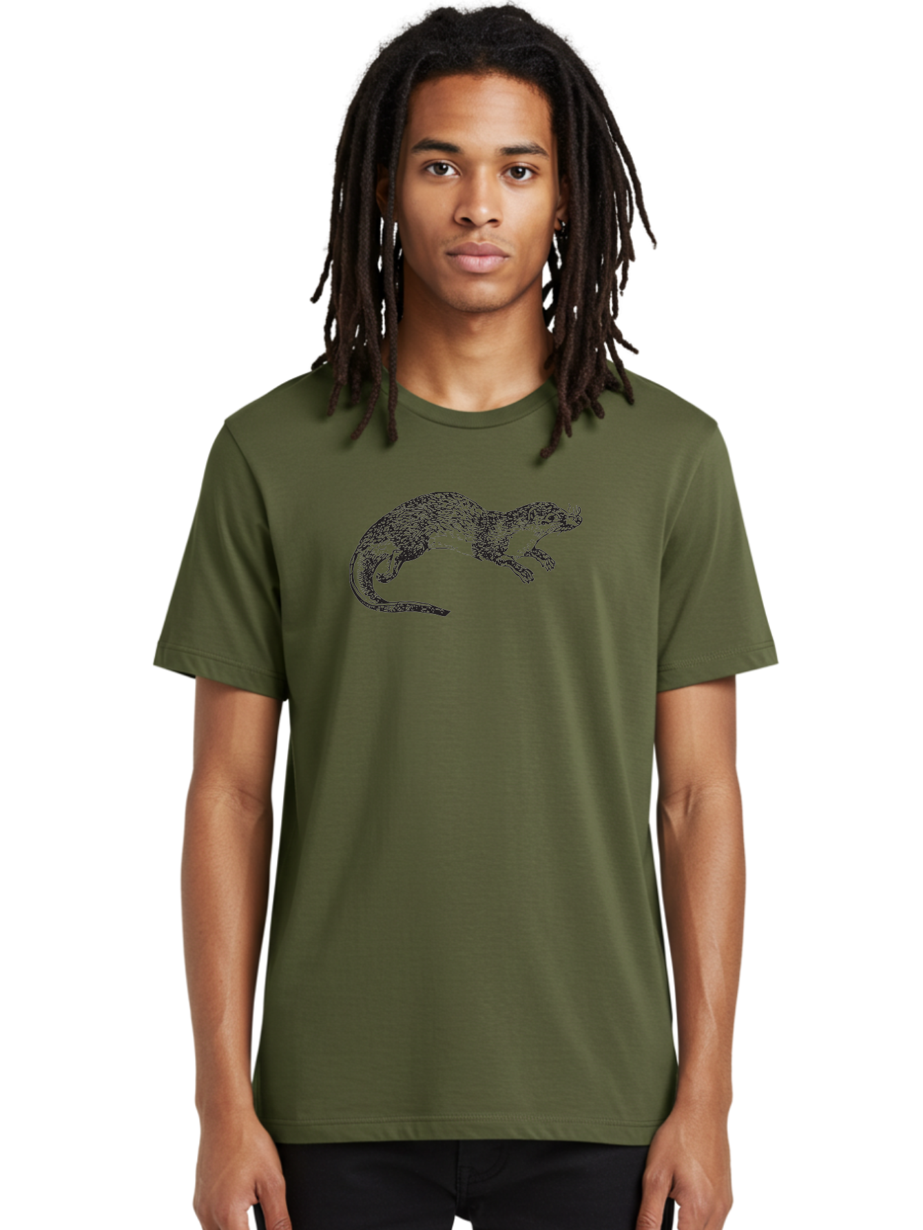 Weasel Men'S Graphic Tee, 100% Cotton, Comfortable Casual Summer Wear, Machine Washable, Mongoose Animal, Wildlife Illustration, Hatching Texture, Black And Green, Carnivorous Mammal, Whiskers, Dynamic Pose, Detailed Artwork, Fur Texture Aad966
