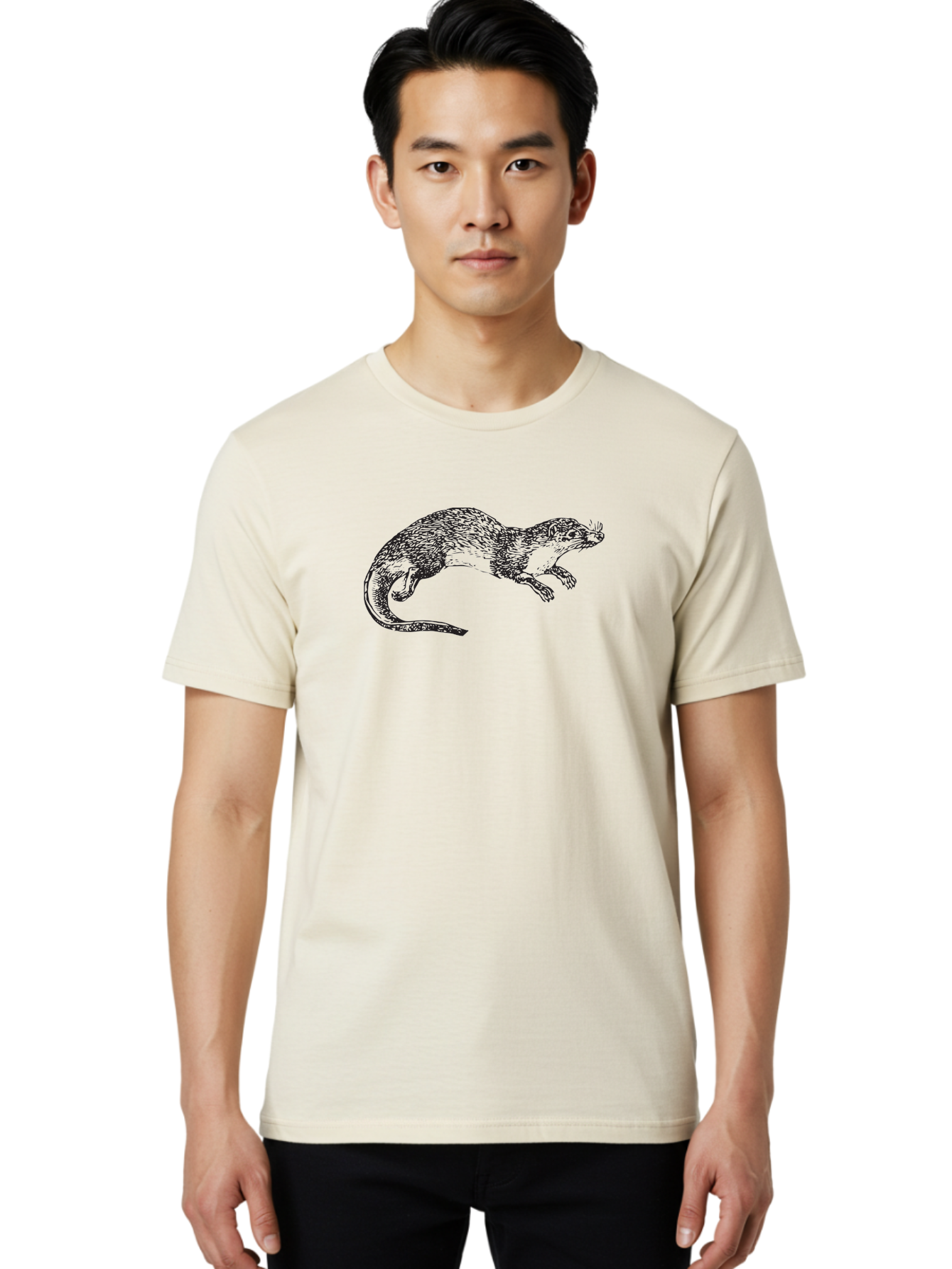 Weasel Men'S Graphic Tee, 100% Cotton, Comfortable Casual Summer Wear, Machine Washable, Mongoose Animal, Wildlife Illustration, Hatching Texture, Black And Green, Carnivorous Mammal, Whiskers, Dynamic Pose, Detailed Artwork, Fur Texture Aad966