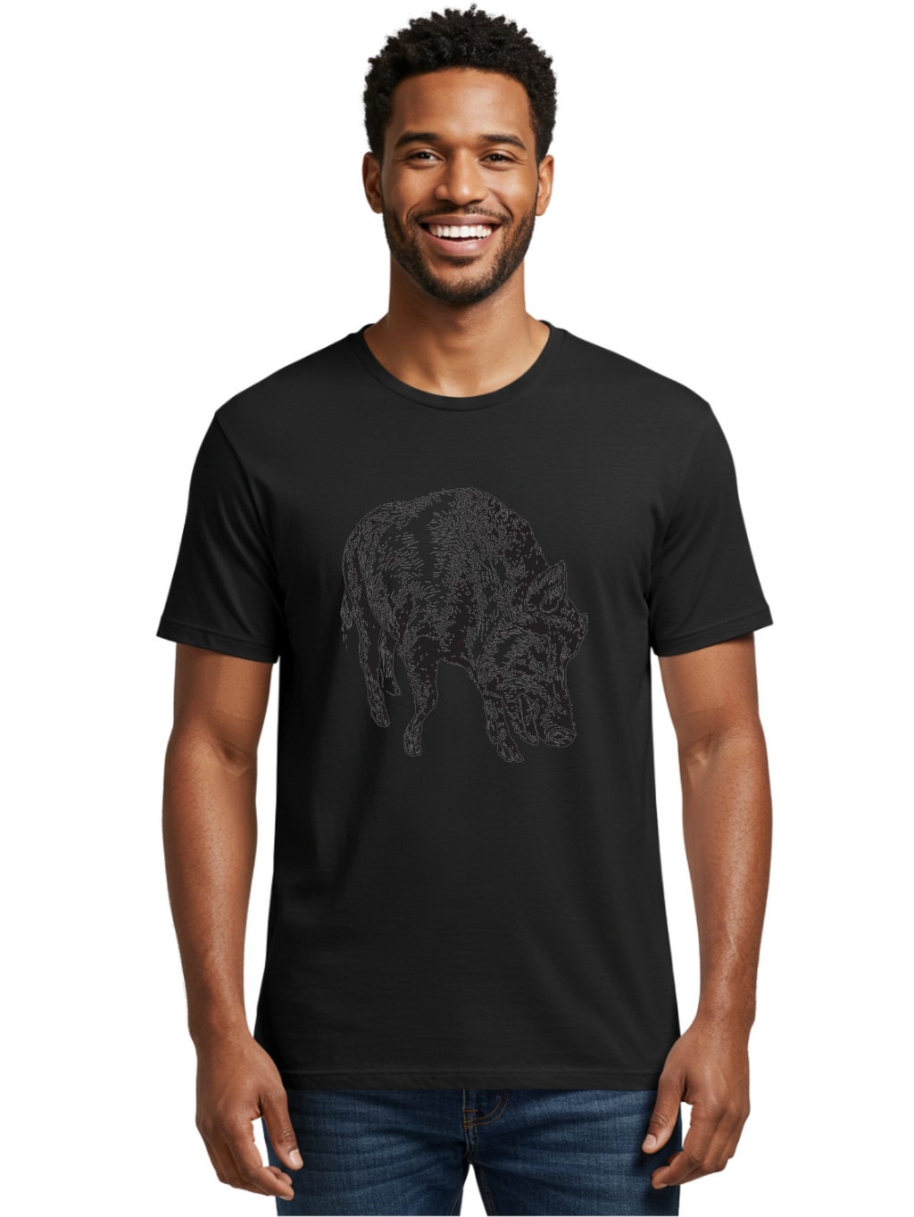Wild-Boar Men'S Graphic Tee, 100% Cotton, Comfortable Casual Summer Wear, Machine Washable, Wild Boar, Animal Portrait, Wildlife Illustration, Mammal Artwork, Forest Creature, Detailed Drawing, Rustic Style, Monochrome Illustration, Boar Head, Aad967