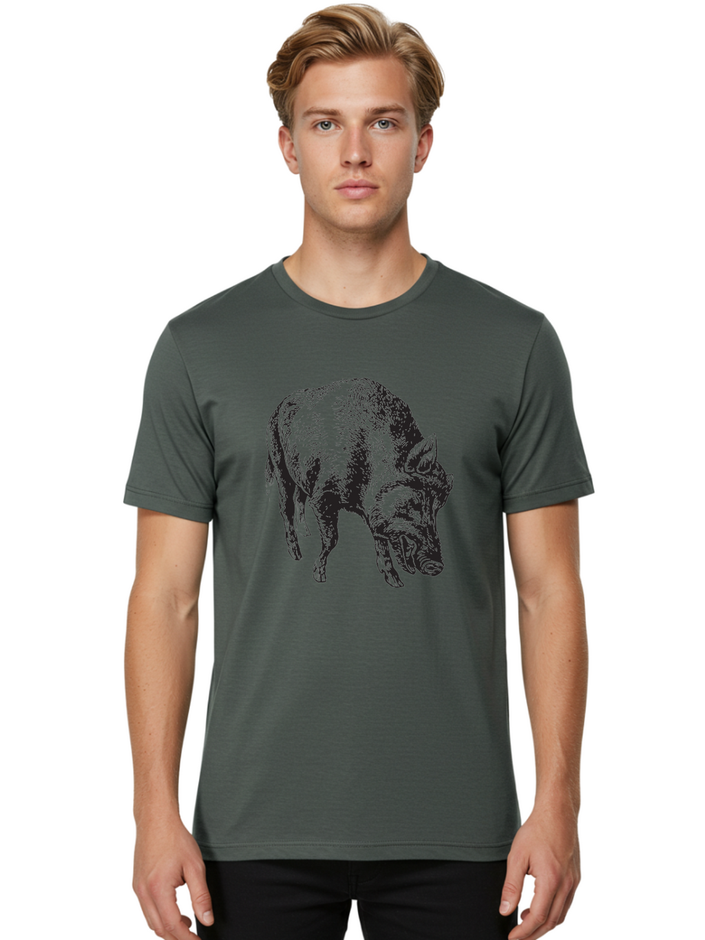 Wild-Boar Men'S Graphic Tee, 100% Cotton, Comfortable Casual Summer Wear, Machine Washable, Wild Boar, Animal Portrait, Wildlife Illustration, Mammal Artwork, Forest Creature, Detailed Drawing, Rustic Style, Monochrome Illustration, Boar Head, Aad967