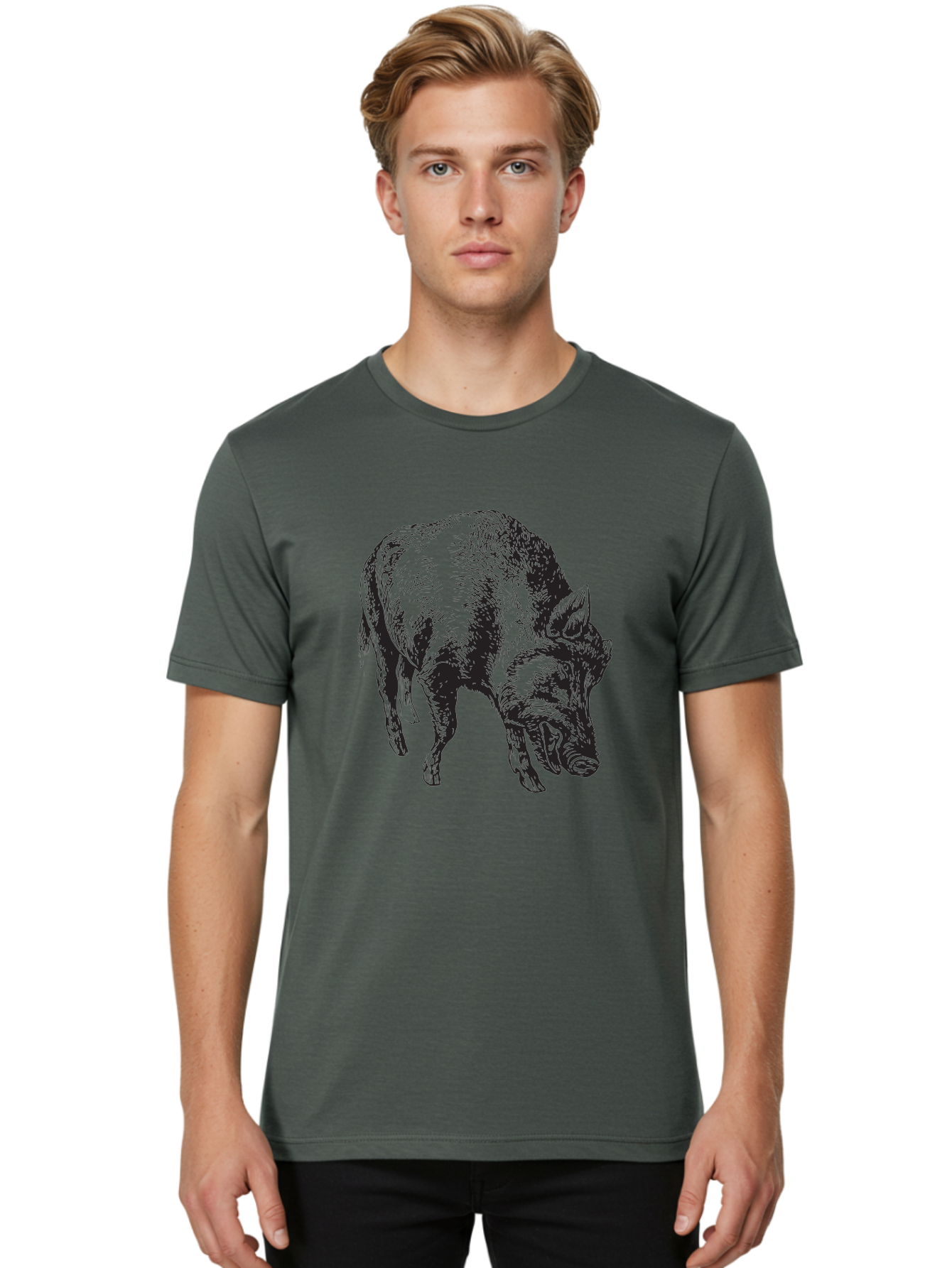 Wild-Boar Men'S Graphic Tee, 100% Cotton, Comfortable Casual Summer Wear, Machine Washable, Wild Boar, Animal Portrait, Wildlife Illustration, Mammal Artwork, Forest Creature, Detailed Drawing, Rustic Style, Monochrome Illustration, Boar Head, Aad967