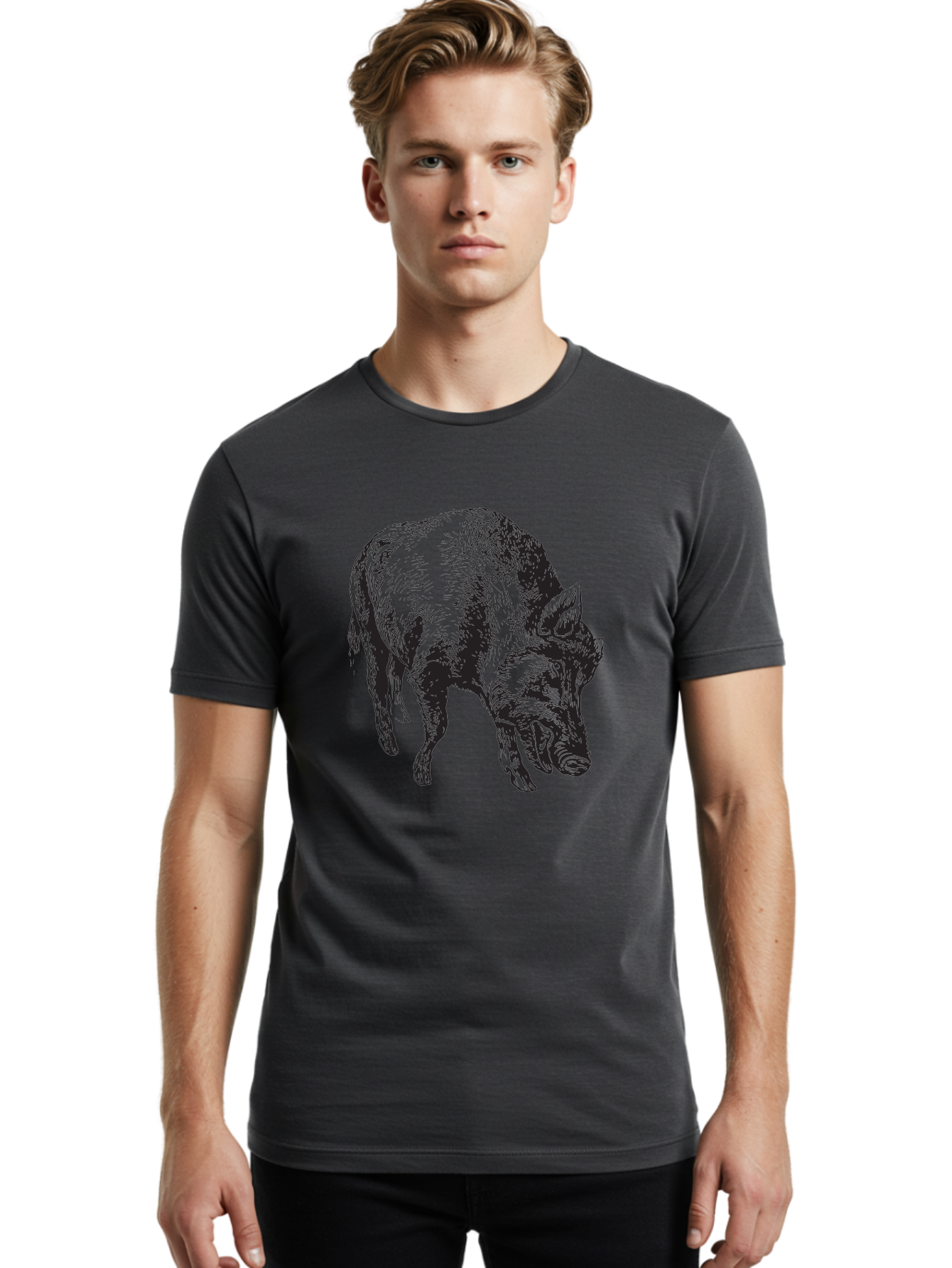 Wild-Boar Men'S Graphic Tee, 100% Cotton, Comfortable Casual Summer Wear, Machine Washable, Wild Boar, Animal Portrait, Wildlife Illustration, Mammal Artwork, Forest Creature, Detailed Drawing, Rustic Style, Monochrome Illustration, Boar Head, Aad967