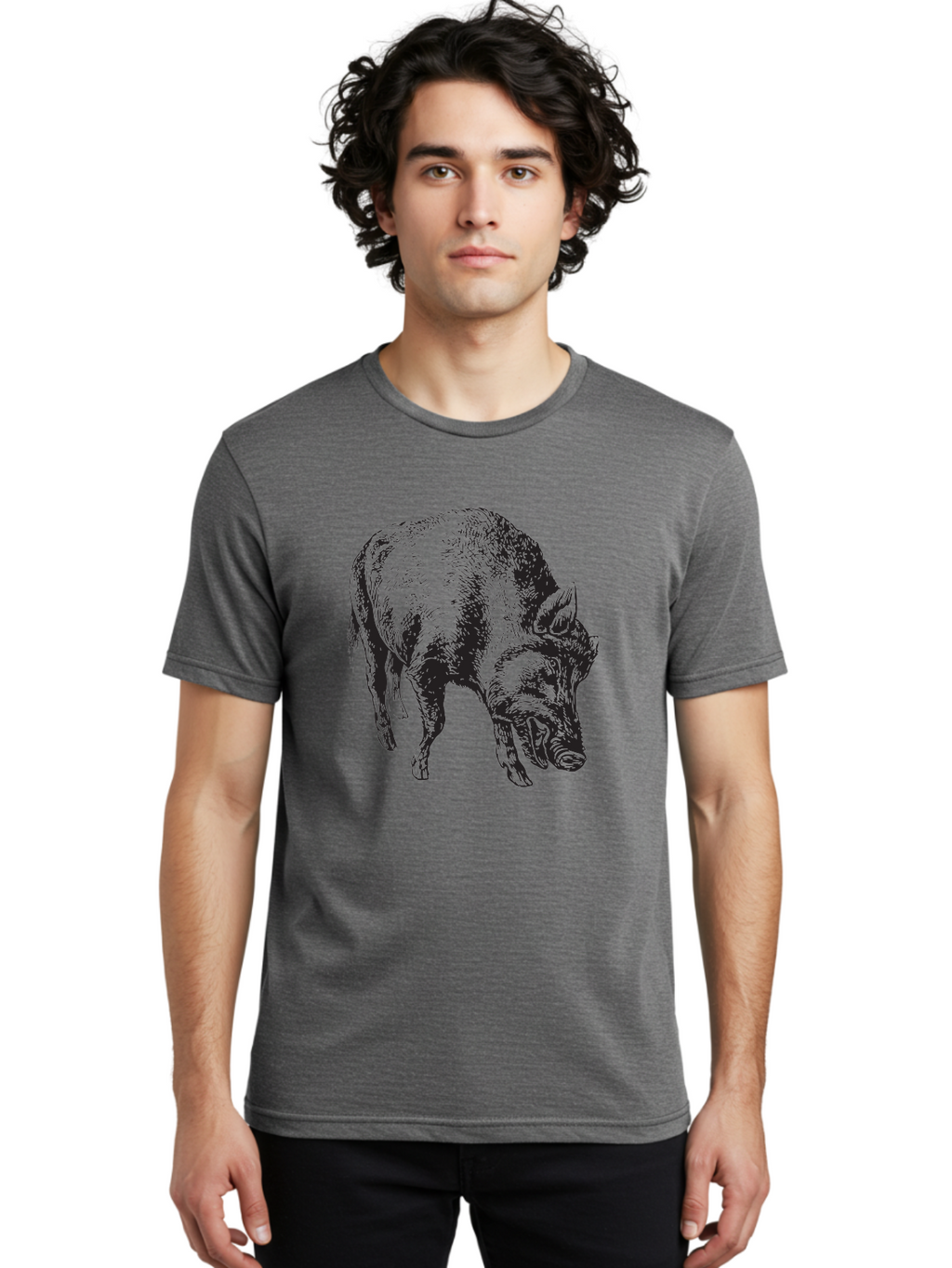 Wild-Boar Men'S Graphic Tee, 100% Cotton, Comfortable Casual Summer Wear, Machine Washable, Wild Boar, Animal Portrait, Wildlife Illustration, Mammal Artwork, Forest Creature, Detailed Drawing, Rustic Style, Monochrome Illustration, Boar Head, Aad967