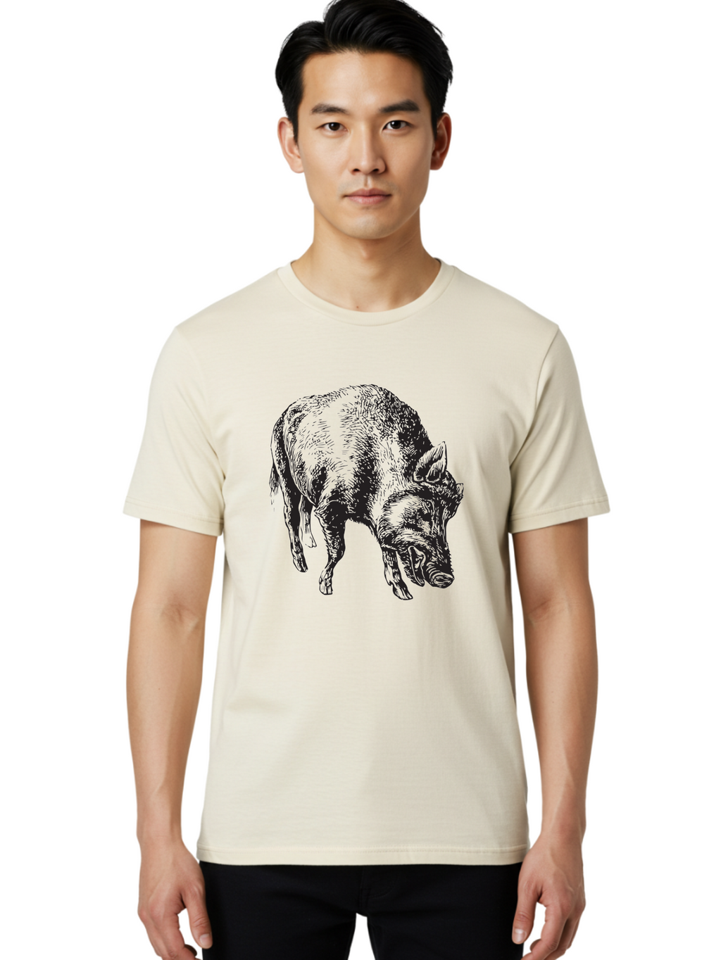 Wild-Boar Men'S Graphic Tee, 100% Cotton, Comfortable Casual Summer Wear, Machine Washable, Wild Boar, Animal Portrait, Wildlife Illustration, Mammal Artwork, Forest Creature, Detailed Drawing, Rustic Style, Monochrome Illustration, Boar Head, Aad967