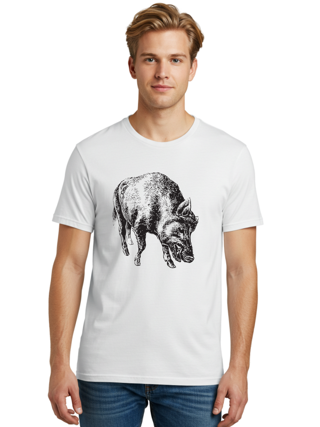 Wild-Boar Men'S Graphic Tee, 100% Cotton, Comfortable Casual Summer Wear, Machine Washable, Wild Boar, Animal Portrait, Wildlife Illustration, Mammal Artwork, Forest Creature, Detailed Drawing, Rustic Style, Monochrome Illustration, Boar Head, Aad967