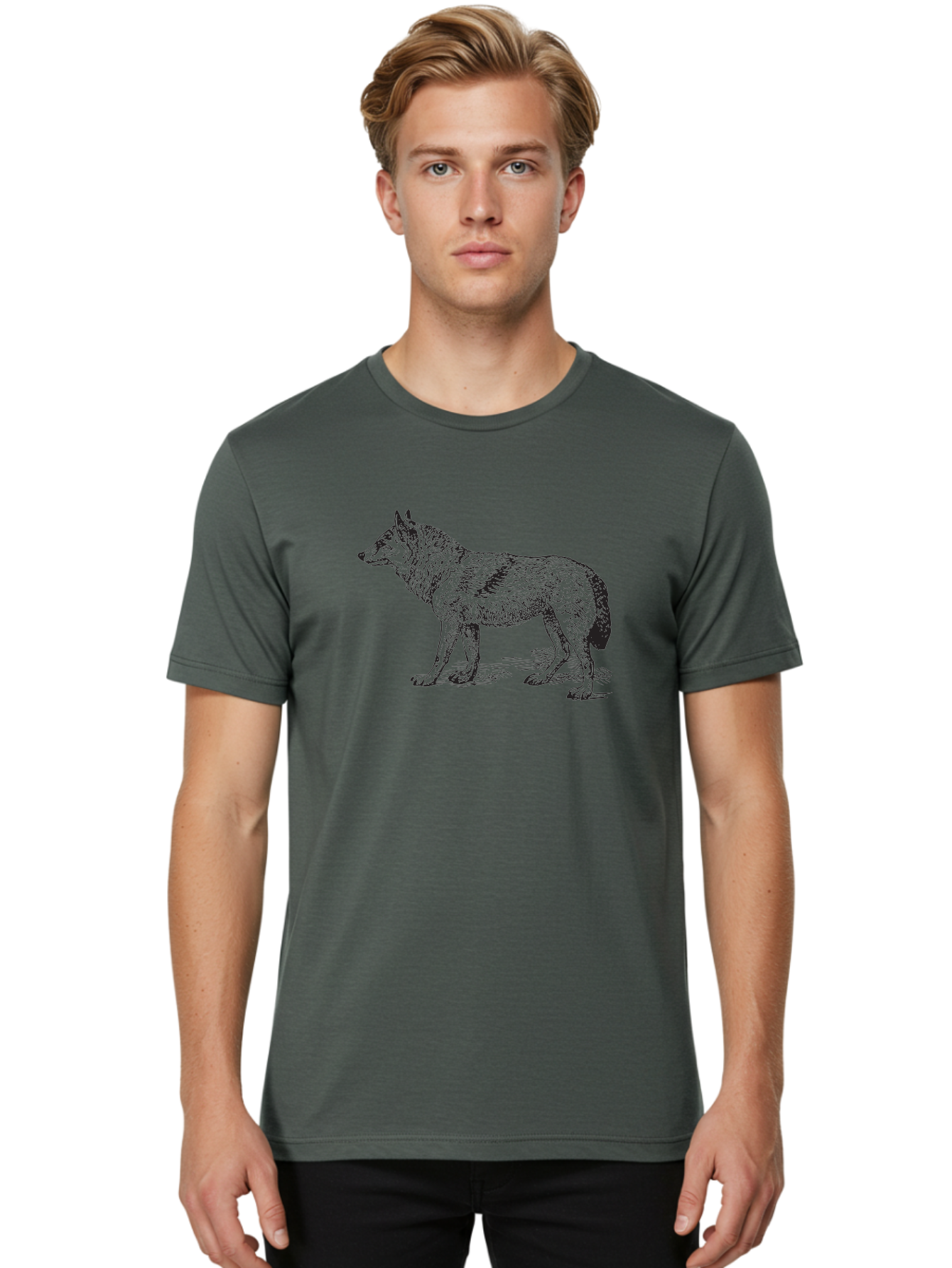 Wolf Men'S Graphic Tee, 100% Cotton, Comfortable Casual Summer Wear, Machine Washable, Wild Animal, Wolf Silhouette, Hand-Drawn Illustration, Wildlife Art, Animal Graphics, Simple Design, Line Art, Wildlife Symbol Aad968