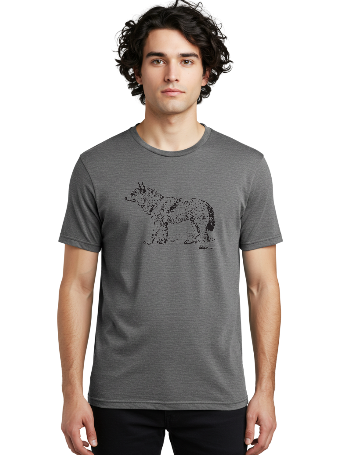 Wolf Men'S Graphic Tee, 100% Cotton, Comfortable Casual Summer Wear, Machine Washable, Wild Animal, Wolf Silhouette, Hand-Drawn Illustration, Wildlife Art, Animal Graphics, Simple Design, Line Art, Wildlife Symbol Aad968