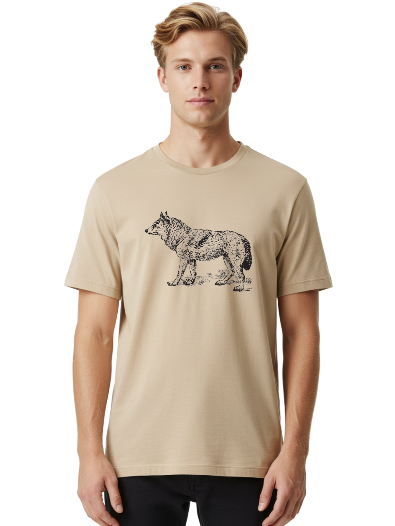 Wolf Men'S Graphic Tee, 100% Cotton, Comfortable Casual Summer Wear, Machine Washable, Wild Animal, Wolf Silhouette, Hand-Drawn Illustration, Wildlife Art, Animal Graphics, Simple Design, Line Art, Wildlife Symbol Aad968