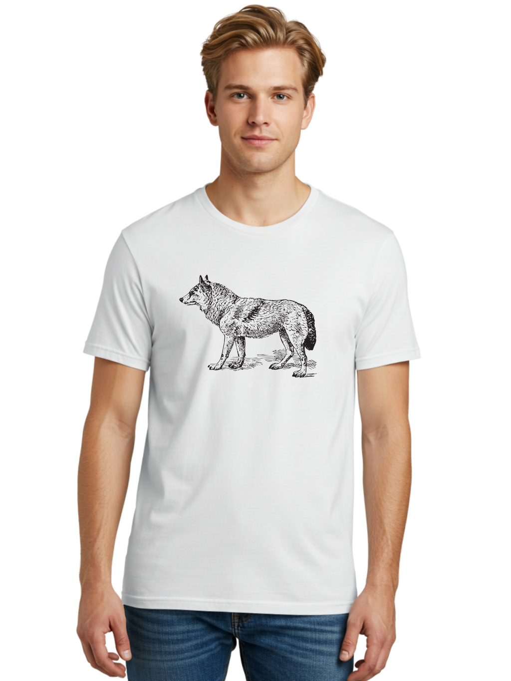 Wolf Men'S Graphic Tee, 100% Cotton, Comfortable Casual Summer Wear, Machine Washable, Wild Animal, Wolf Silhouette, Hand-Drawn Illustration, Wildlife Art, Animal Graphics, Simple Design, Line Art, Wildlife Symbol Aad968