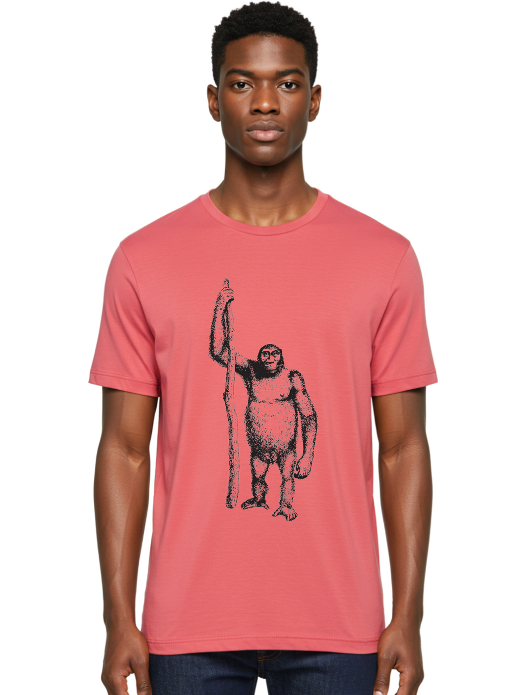 Yeti-With-Staff Men'S Graphic Tee, 100% Cotton, Comfortable Casual Summer Wear, Machine Washable, Gorilla With Stick, Wild Primate, Powerful Animal, Strong Creature, Monkey With Club, Wildlife Illustration, Primate Art, Animal Graphics Aad969
