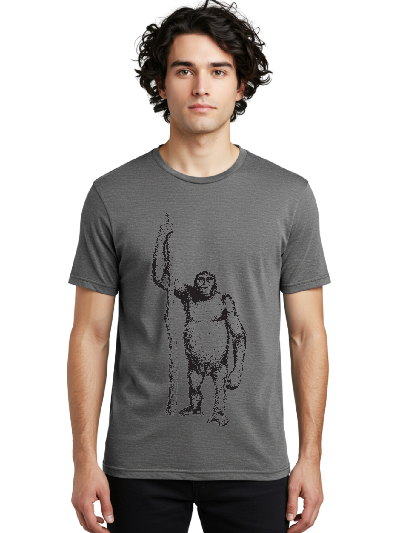 Yeti-With-Staff Men'S Graphic Tee, 100% Cotton, Comfortable Casual Summer Wear, Machine Washable, Gorilla With Stick, Wild Primate, Powerful Animal, Strong Creature, Monkey With Club, Wildlife Illustration, Primate Art, Animal Graphics Aad969