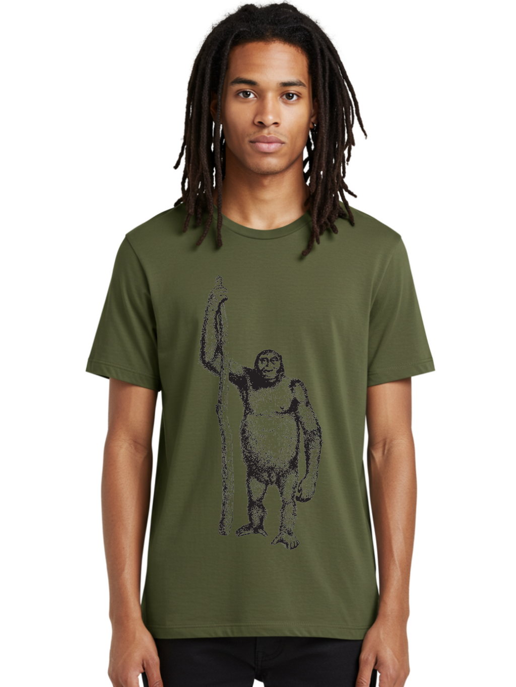 Yeti-With-Staff Men'S Graphic Tee, 100% Cotton, Comfortable Casual Summer Wear, Machine Washable, Gorilla With Stick, Wild Primate, Powerful Animal, Strong Creature, Monkey With Club, Wildlife Illustration, Primate Art, Animal Graphics Aad969