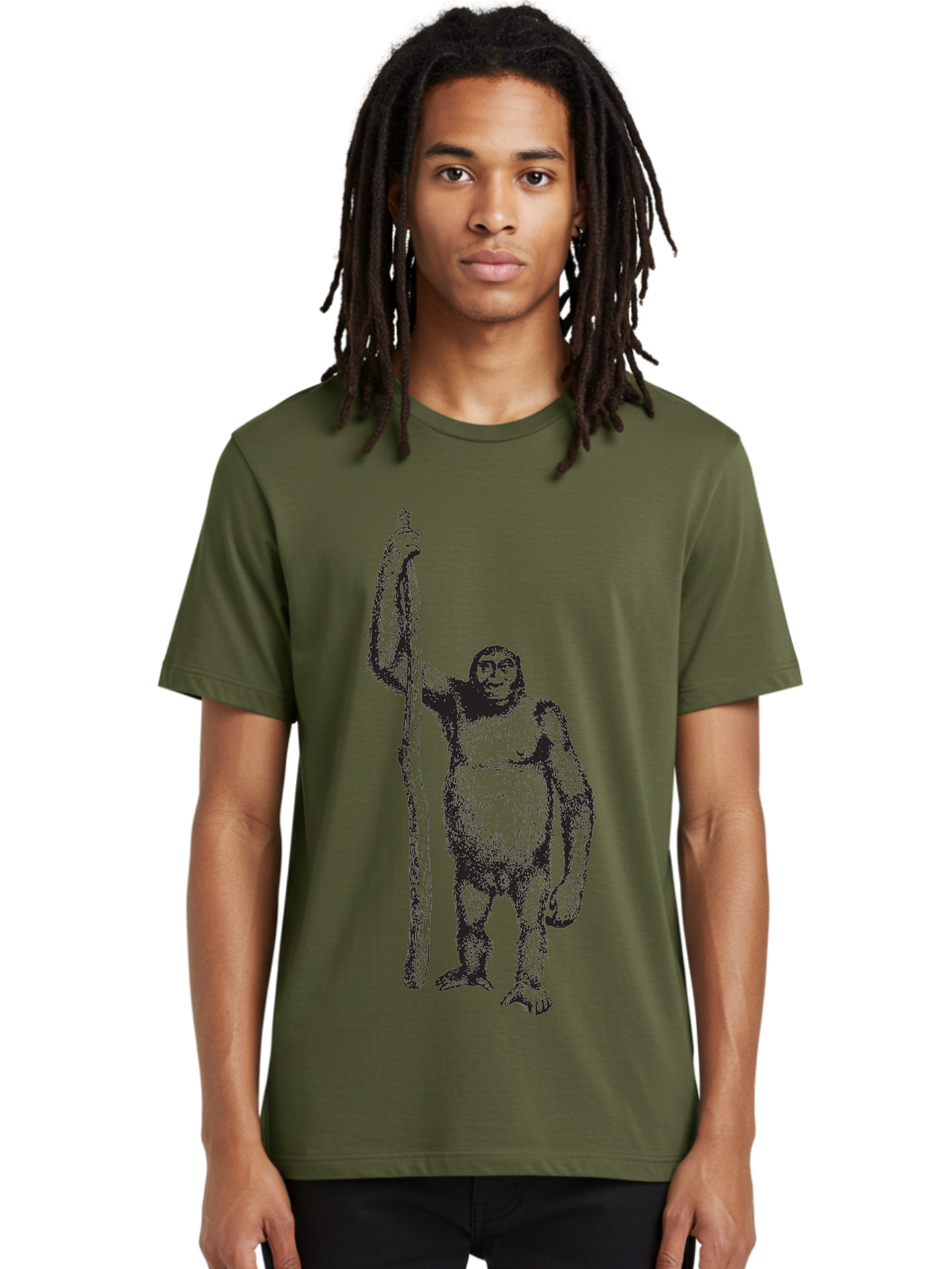 Yeti-With-Staff Men'S Graphic Tee, 100% Cotton, Comfortable Casual Summer Wear, Machine Washable, Gorilla With Stick, Wild Primate, Powerful Animal, Strong Creature, Monkey With Club, Wildlife Illustration, Primate Art, Animal Graphics Aad969