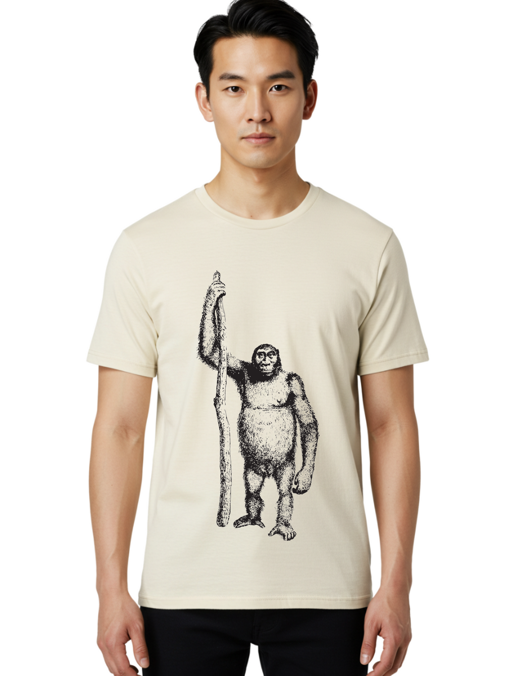Yeti-With-Staff Men'S Graphic Tee, 100% Cotton, Comfortable Casual Summer Wear, Machine Washable, Gorilla With Stick, Wild Primate, Powerful Animal, Strong Creature, Monkey With Club, Wildlife Illustration, Primate Art, Animal Graphics Aad969