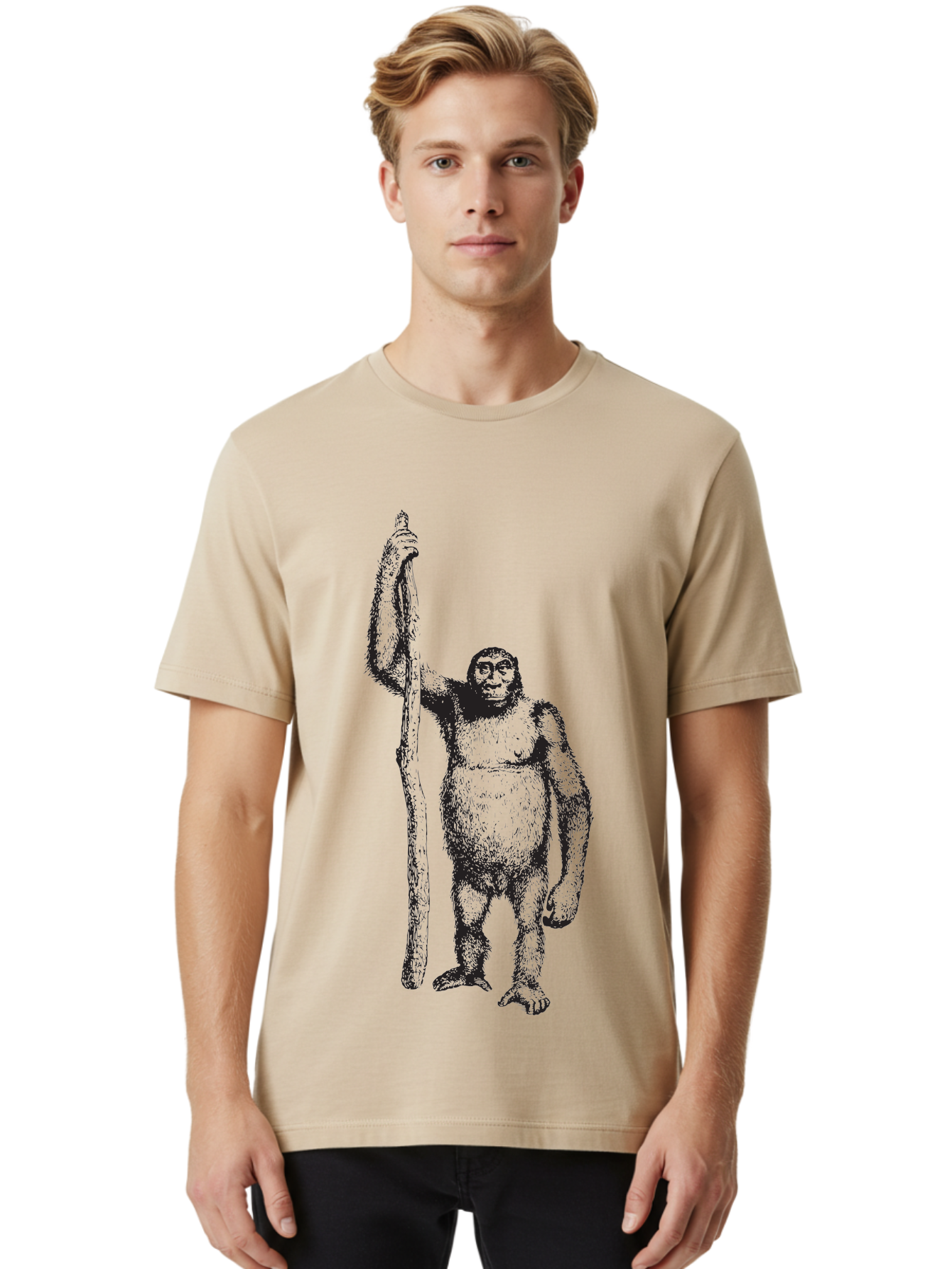 Yeti-With-Staff Men'S Graphic Tee, 100% Cotton, Comfortable Casual Summer Wear, Machine Washable, Gorilla With Stick, Wild Primate, Powerful Animal, Strong Creature, Monkey With Club, Wildlife Illustration, Primate Art, Animal Graphics Aad969