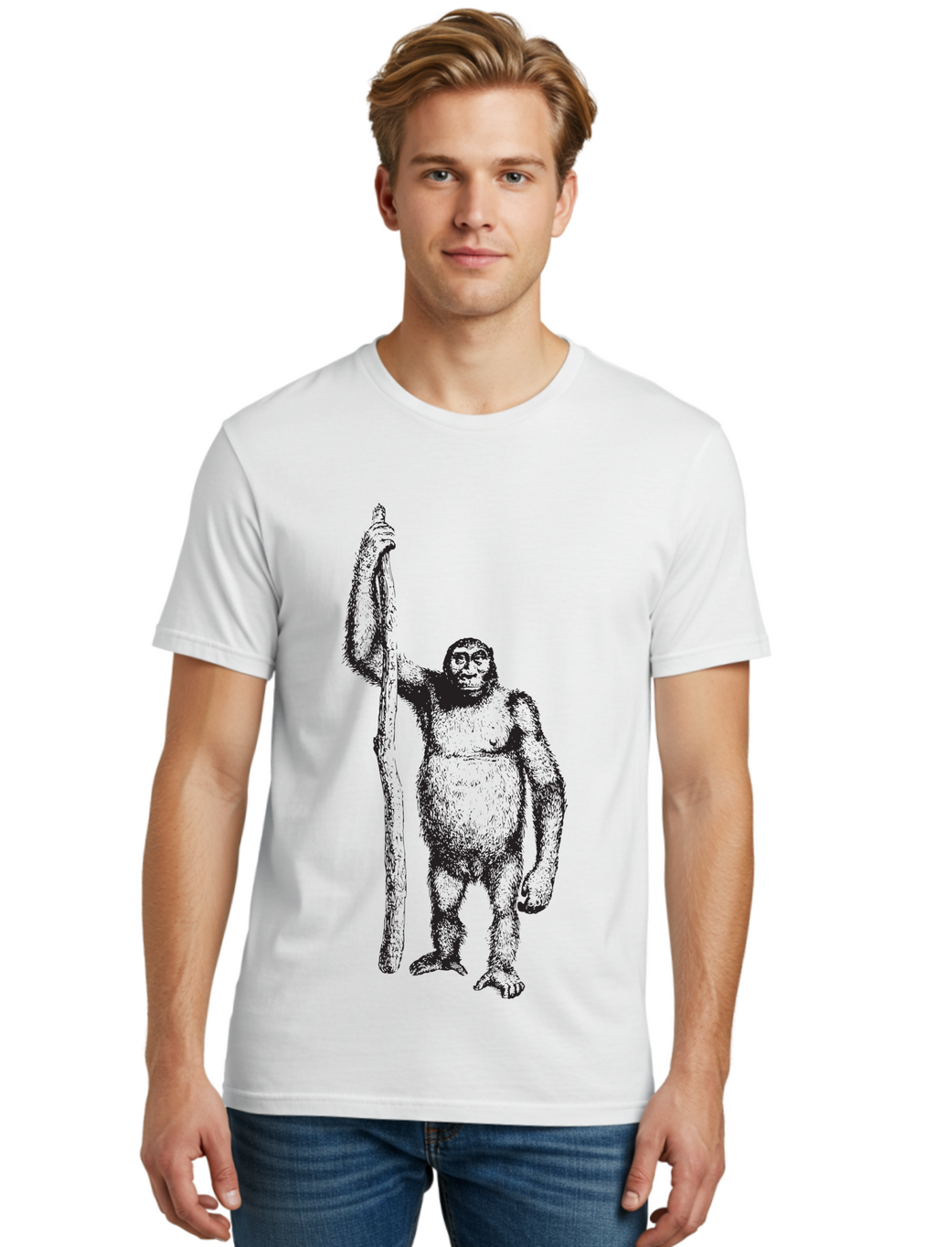 Yeti-With-Staff Men'S Graphic Tee, 100% Cotton, Comfortable Casual Summer Wear, Machine Washable, Gorilla With Stick, Wild Primate, Powerful Animal, Strong Creature, Monkey With Club, Wildlife Illustration, Primate Art, Animal Graphics Aad969