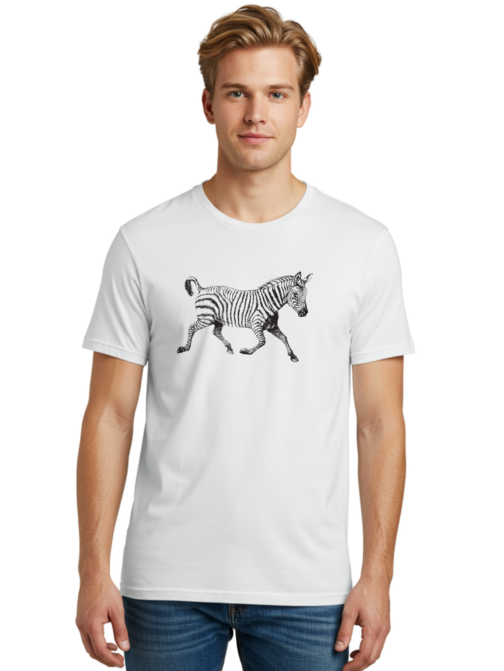 Zebra-Illustration Men'S Graphic Tee, 100% Cotton, Comfortable Casual Summer Wear, Machine Washable, Black And White Zebra, Wildlife Animal, Safari Theme, Black Stripes, Equine Mammal, Wild Horse, African Wildlife, Animal Illustration, Aad970