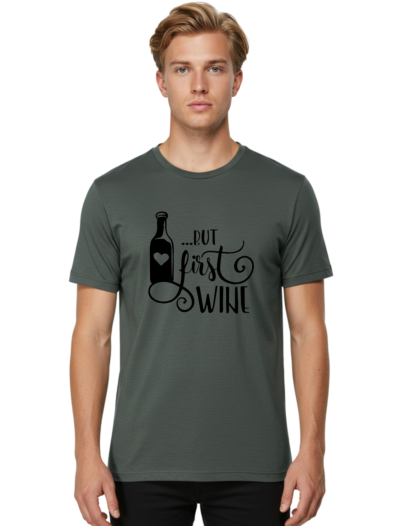 But-First-Wine Men'S Graphic Tee, 100% Cotton, Comfortable Casual Summer Wear, Machine Washable, Wine Bottle With Heart, Wine Lovers, Wine Quotes, Funny Quotes About Wine, Wine Sayings, Wine Time, Wine O'Clock, Relaxed Vibes Aad971