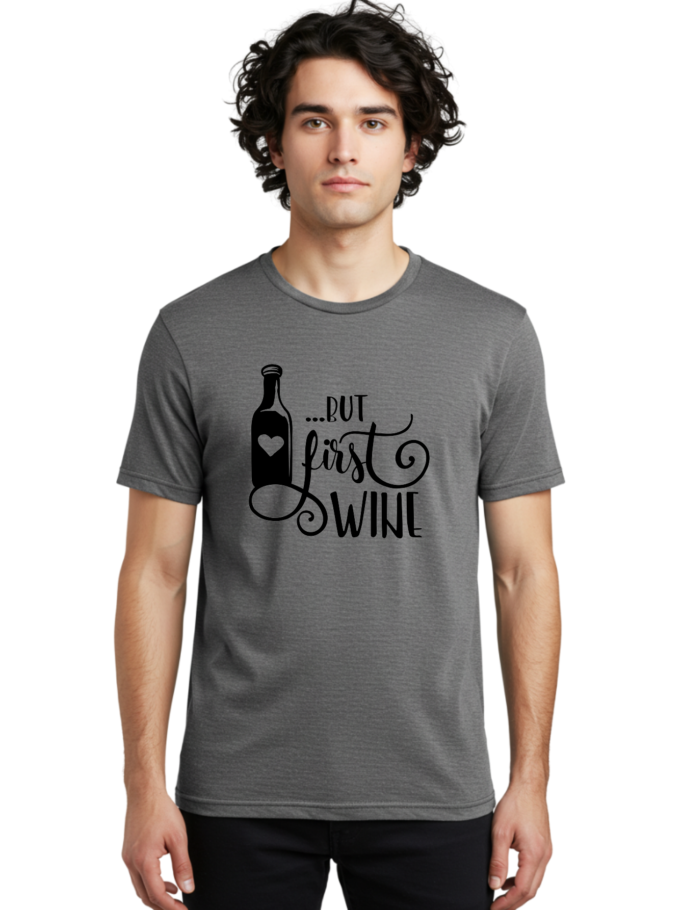 But-First-Wine Men'S Graphic Tee, 100% Cotton, Comfortable Casual Summer Wear, Machine Washable, Wine Bottle With Heart, Wine Lovers, Wine Quotes, Funny Quotes About Wine, Wine Sayings, Wine Time, Wine O'Clock, Relaxed Vibes Aad971