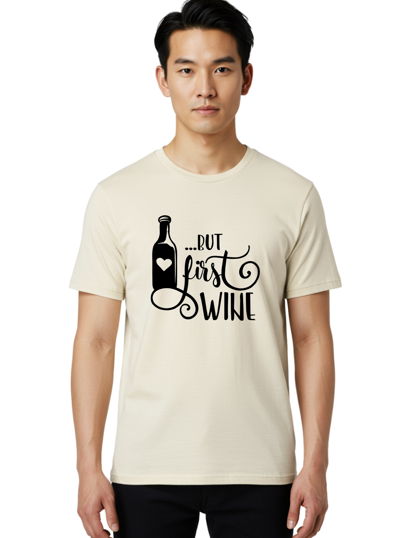 But-First-Wine Men'S Graphic Tee, 100% Cotton, Comfortable Casual Summer Wear, Machine Washable, Wine Bottle With Heart, Wine Lovers, Wine Quotes, Funny Quotes About Wine, Wine Sayings, Wine Time, Wine O'Clock, Relaxed Vibes Aad971