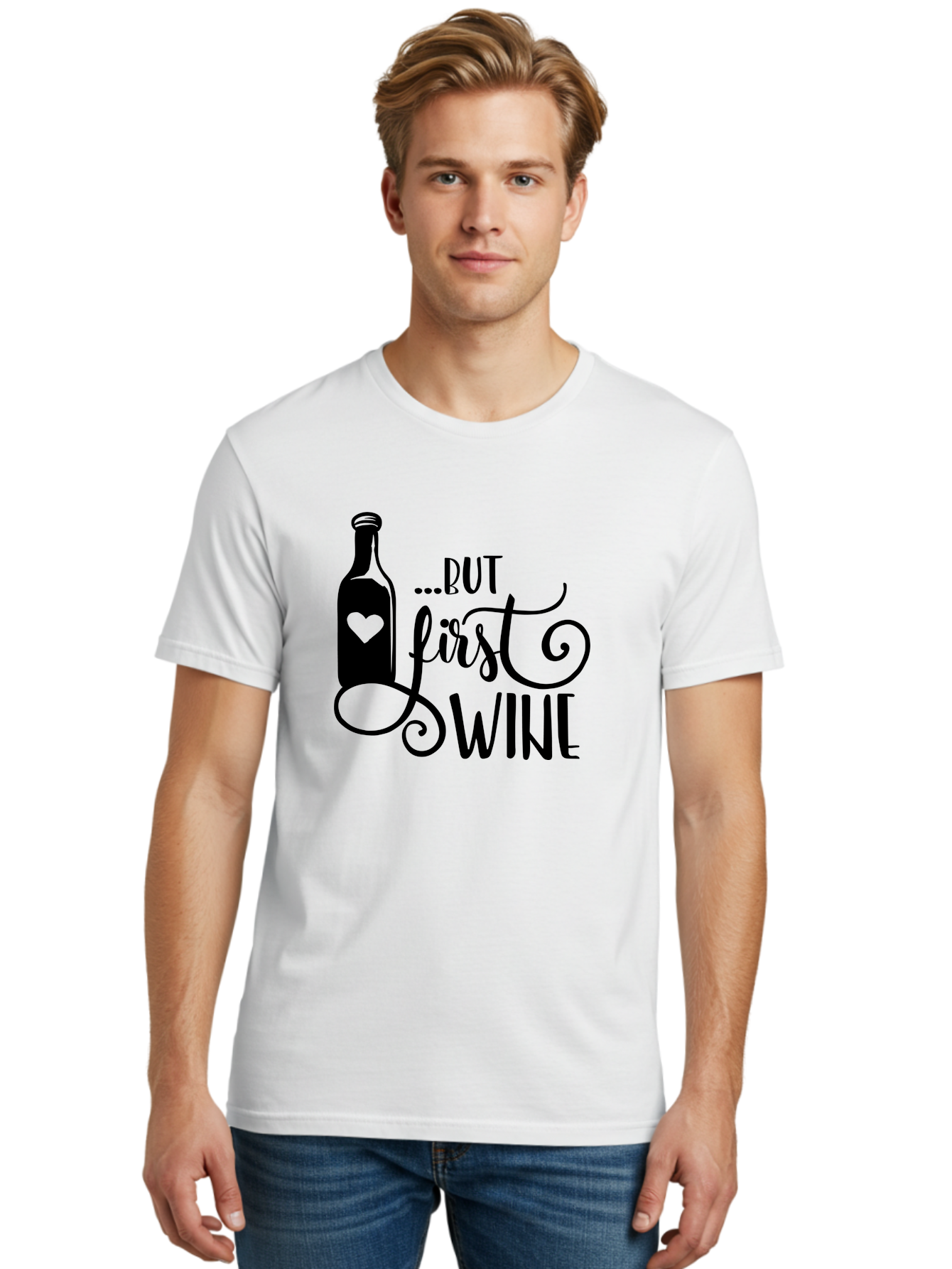 But-First-Wine Men'S Graphic Tee, 100% Cotton, Comfortable Casual Summer Wear, Machine Washable, Wine Bottle With Heart, Wine Lovers, Wine Quotes, Funny Quotes About Wine, Wine Sayings, Wine Time, Wine O'Clock, Relaxed Vibes Aad971