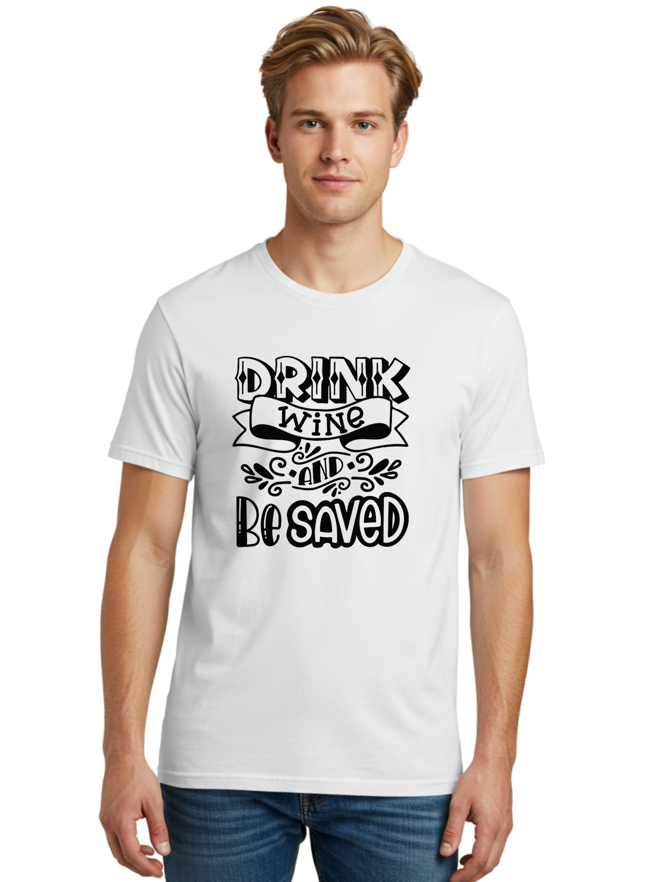 Drink-Wine-And-Be-Saved Men'S Graphic Tee, 100% Cotton, Comfortable Casual Summer Wear, Machine Washable, Typographic Quote, Wine Quote, Witty Saying, Inspirational Phrase, Wine Lover Gift, Drink Wine, Saved, Humorous Quote, Decorative Font, Aad972