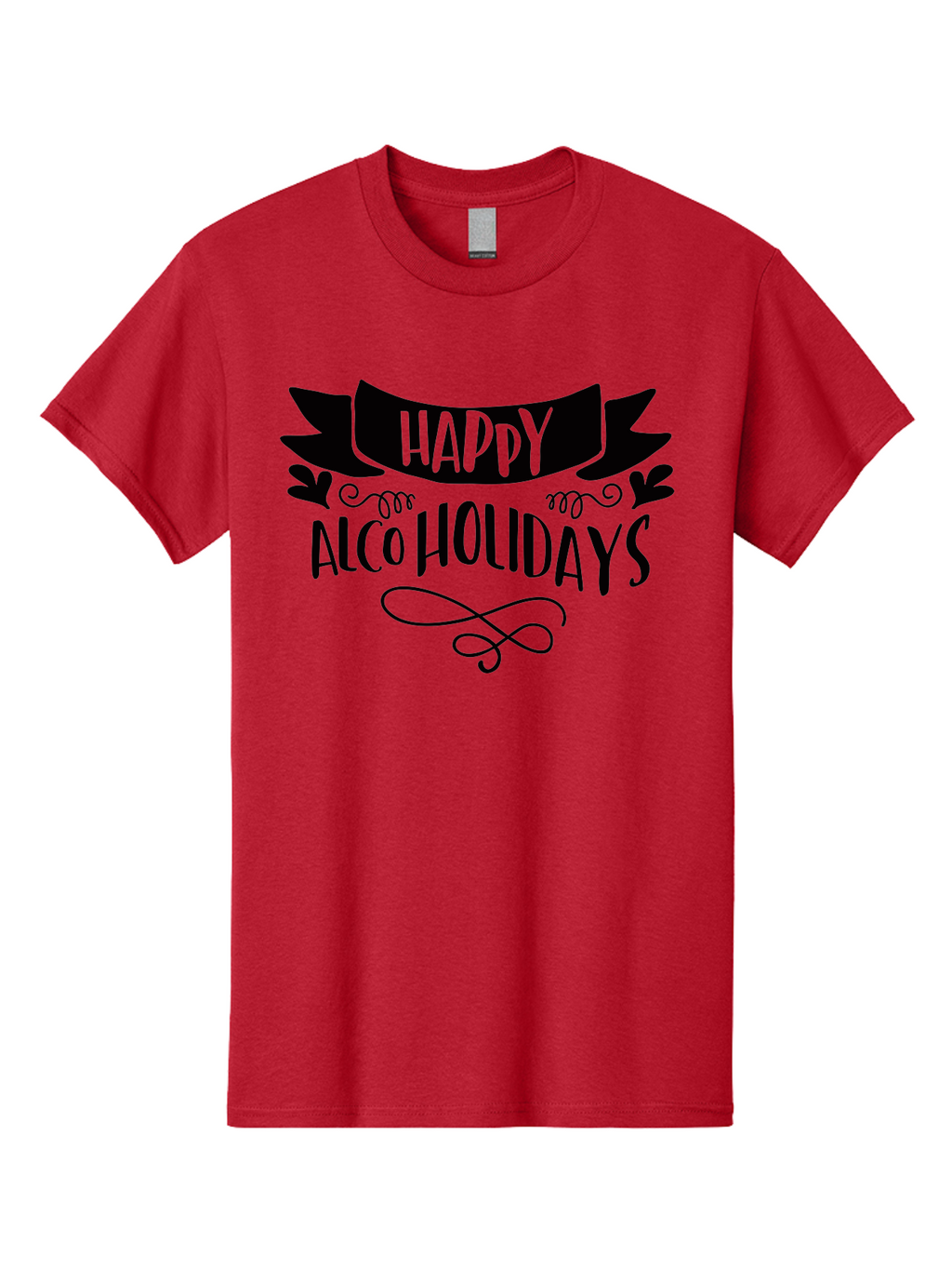 Happy-Alco-Holidays Men'S Graphic Tee, 100% Cotton, Comfortable Casual Summer Wear, Machine Washable, Happy Alco Holidays, Festive Season, Alcohol-Themed, Whimsical Design, Black Ribbon, Playful Typography, Decorative Flourish, Aad973