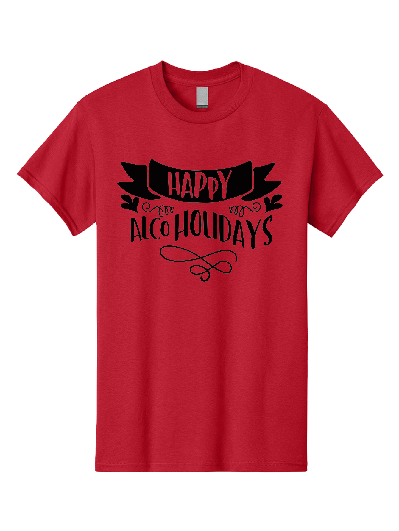 Happy-Alco-Holidays Men'S Graphic Tee, 100% Cotton, Comfortable Casual Summer Wear, Machine Washable, Happy Alco Holidays, Festive Season, Alcohol-Themed, Whimsical Design, Black Ribbon, Playful Typography, Decorative Flourish, Aad973