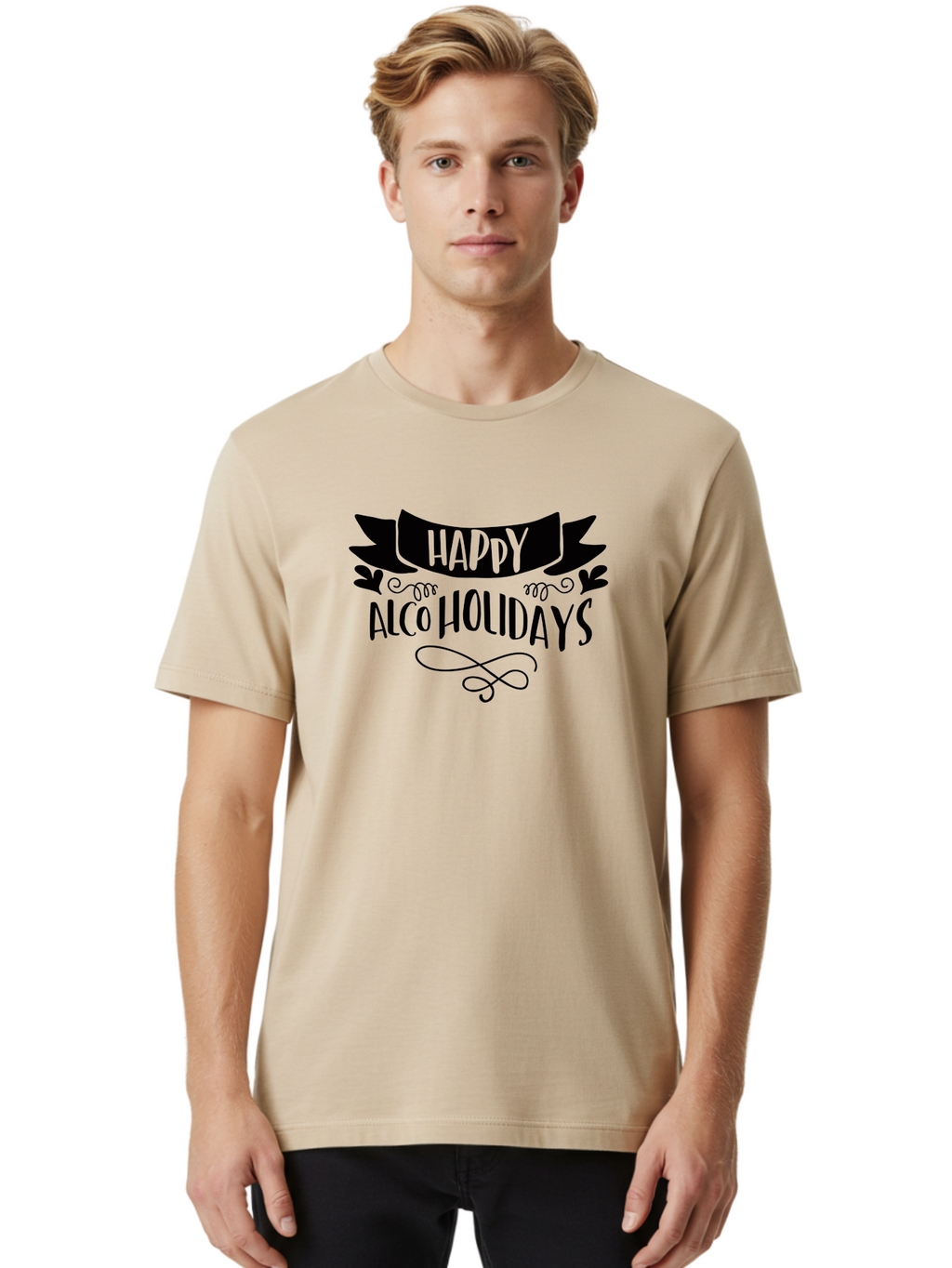 Happy-Alco-Holidays Men'S Graphic Tee, 100% Cotton, Comfortable Casual Summer Wear, Machine Washable, Happy Alco Holidays, Festive Season, Alcohol-Themed, Whimsical Design, Black Ribbon, Playful Typography, Decorative Flourish, Aad973