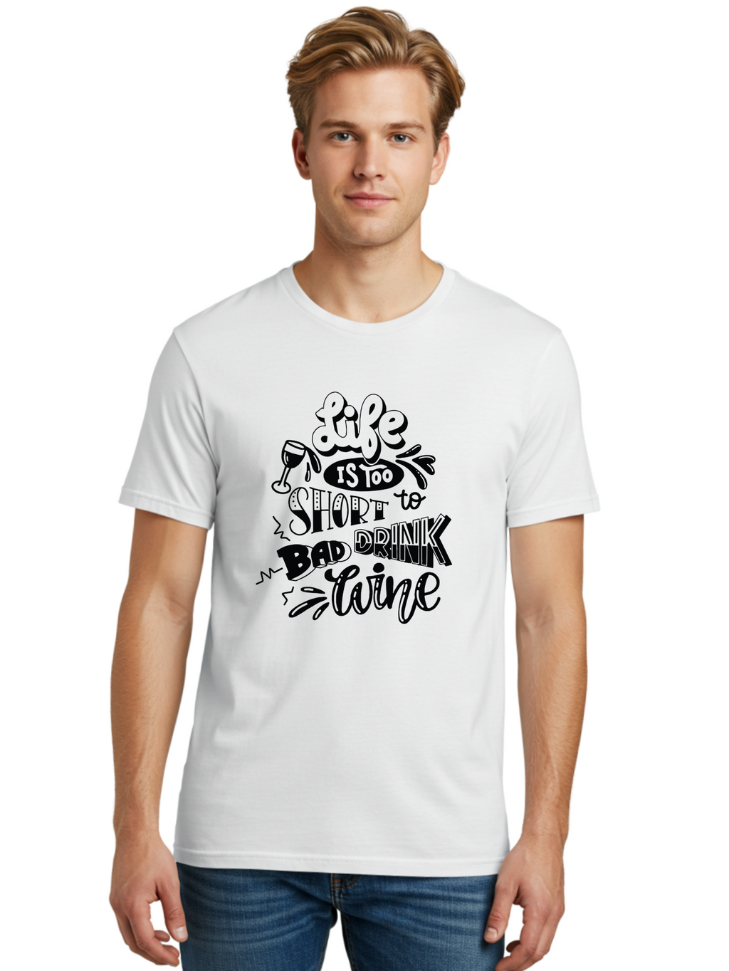Life-Is-Too-Short-To-Drink-Bad-Wine Men'S Graphic Tee, 100% Cotton, Comfortable Casual Summer Wear, Machine Washable, Wine Quote, Life Is Too Short, Drink Wine, Good Wine, Wine Lovers, Happy Hour, Wine Time, Relax With Wine, Wine Enjoyment Aad977
