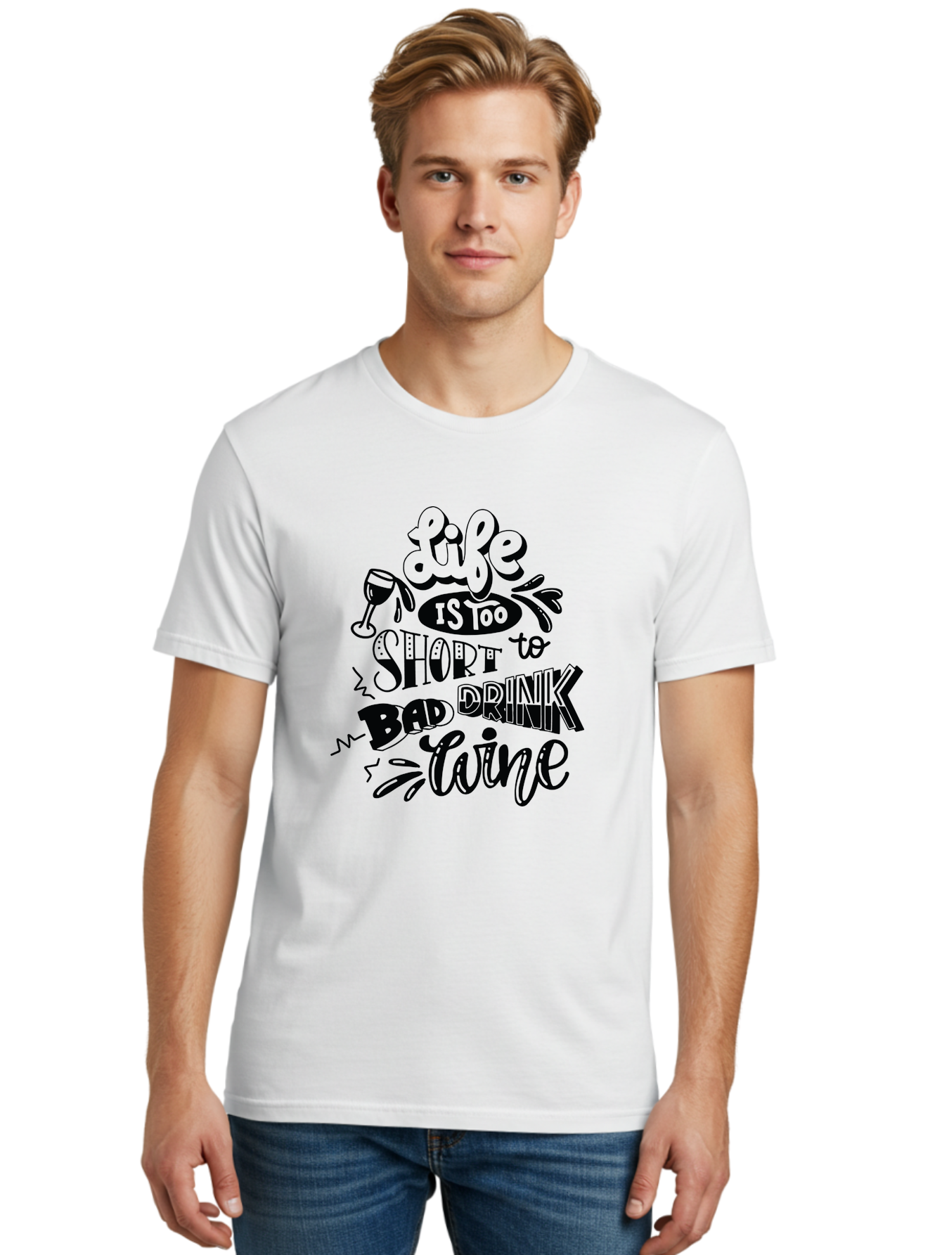 Life-Is-Too-Short-To-Drink-Bad-Wine Men'S Graphic Tee, 100% Cotton, Comfortable Casual Summer Wear, Machine Washable, Wine Quote, Life Is Too Short, Drink Wine, Good Wine, Wine Lovers, Happy Hour, Wine Time, Relax With Wine, Wine Enjoyment Aad977